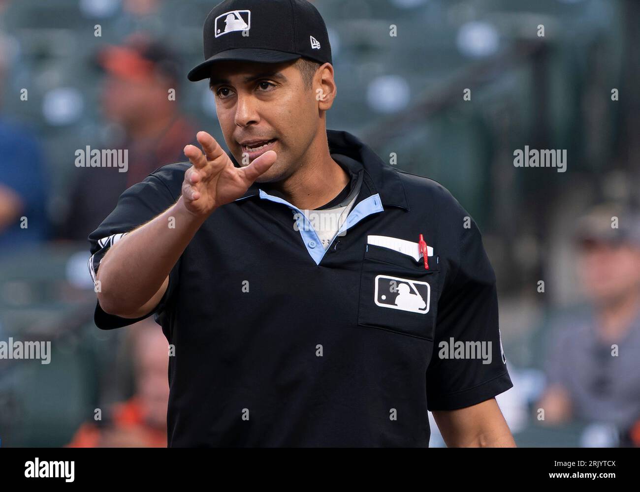 MLB home playe umpire DJ Reyburn before the syart of a game Stock Photo