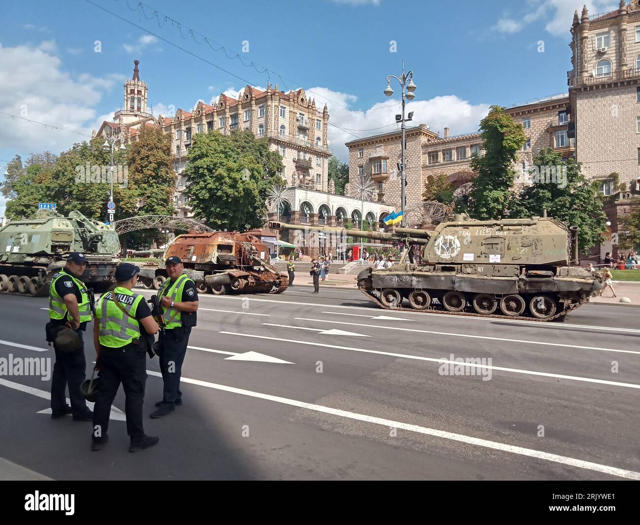 Kiev, Ukraine. 23rd Aug, 2023. Destroyed military vehicle exhibition on Khreschatyk street on August 23, 2023 devoted to the Independence Day in Kiev, Ukraine. Country will celebrate the 32nd anniversary of Independence Day on August 24, 2023. Area restricted for direct visitors by police but available for review the broken and burned modern Russian armored cars, tanks, vehicles etc. Credit: FMUA/Alamy Live News Stock Photo