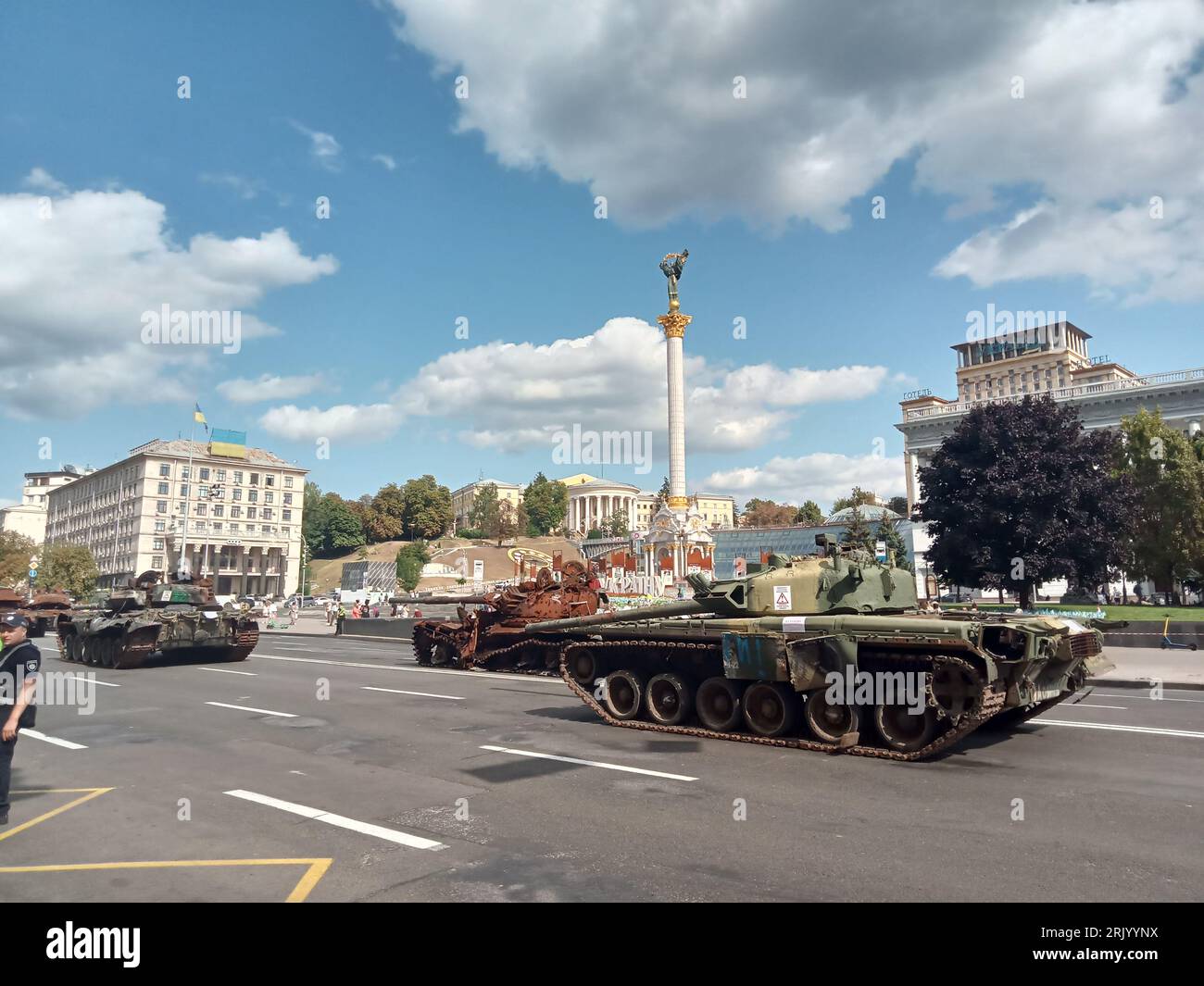 Kiev, Ukraine. 23rd Aug, 2023. Destroyed military vehicle exhibition on Khreschatyk street on August 23, 2023 devoted to the Independence Day in Kiev, Ukraine. Country will celebrate the 32nd anniversary of Independence Day on August 24, 2023. Area restricted for direct visitors by police but available for review the broken and burned modern Russian armored cars, tanks, vehicles etc. Credit: FMUA/Alamy Live News Stock Photo