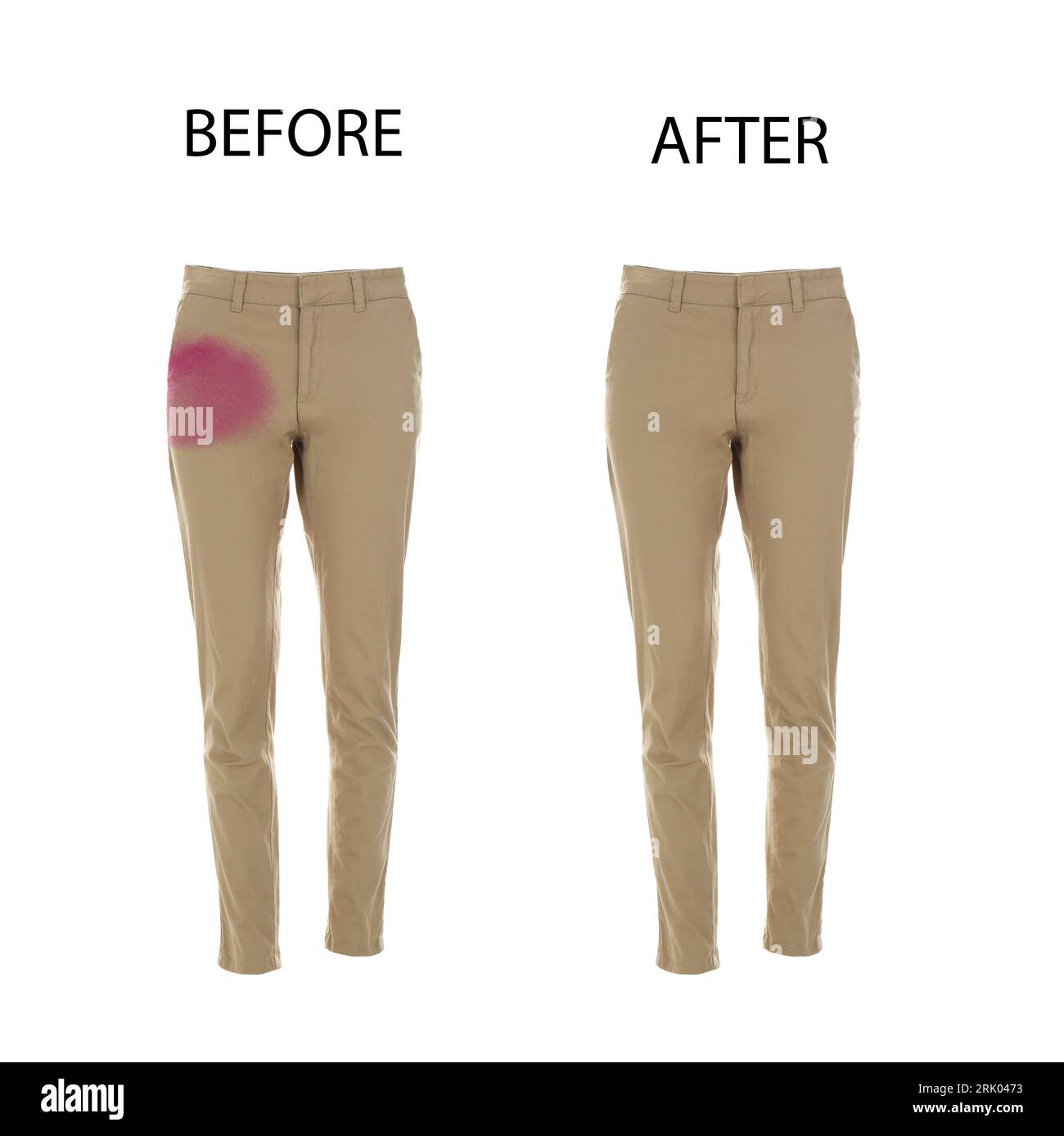 Collage with dirty and clean pants isolated on white. Before and after