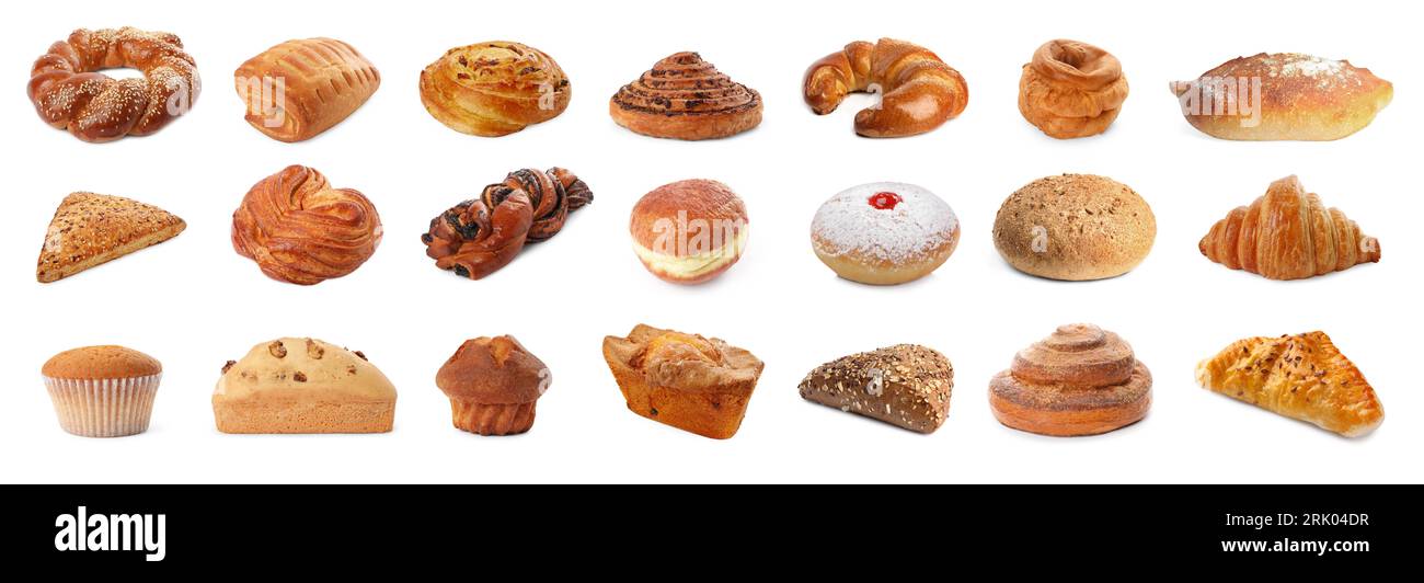 Set with different freshly baked pastries isolated on white Stock Photo ...