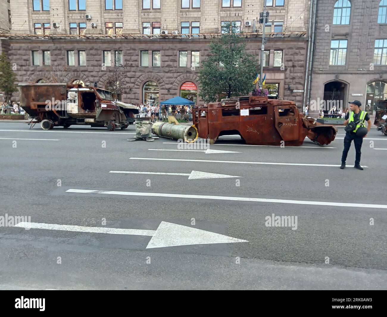 Kiev, Ukraine. 23rd Aug, 2023. Destroyed military vehicle exhibition on Khreschatyk street on August 23, 2023 devoted to the Independence Day in Kiev, Ukraine. Country will celebrate the 32nd anniversary of Independence Day on August 24, 2023. Area restricted for direct visitors by police but available for review the broken and burned modern Russian armored cars, tanks, vehicles etc. Credit: FMUA/Alamy Live News Stock Photo