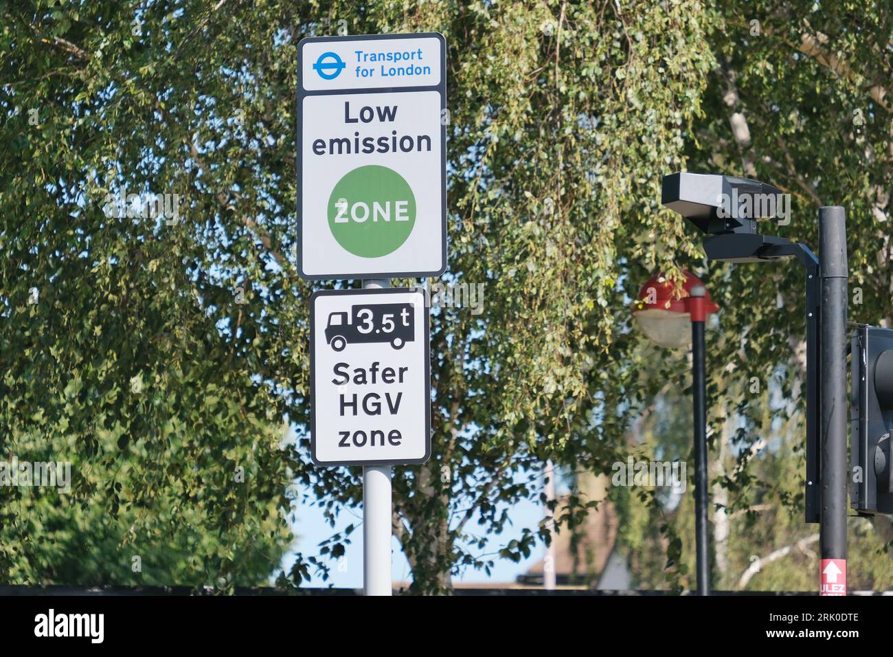 London, UK. A Low Emission Zone and Safer HGV zone road sign in South
