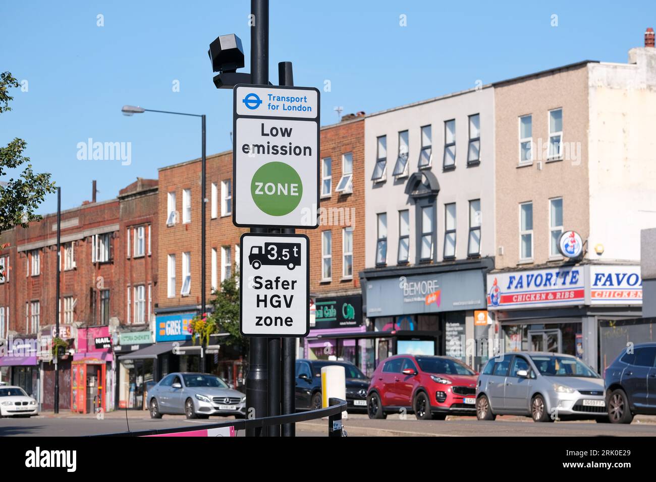 London, UK. A Low Emission Zone and Safer HGV zone road sign in South