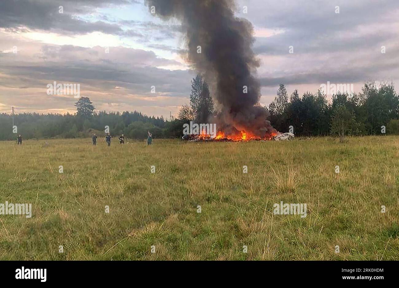 Tver, Russian Federation. 23rd Aug, 2023. A still image posted on a Wagner linked Telegram channel @grey zone on August 23, 2023, shows rescuers work at the site of a plane crash near the village of Kuzhenkino, Tver region, Russia on August 23, 2023. Russian Ministry of Emergency Situations said on Wednesday that a private plane crashed in Tver region, killing all 10 people aboard, while the Russian Federal Air Transport Agency, Rosaviatsia, said that Wagner chief Yevgeny Prigozhin was on the list of passengers. Photo by Gray Zone/ Credit: UPI/Alamy Live News Stock Photo