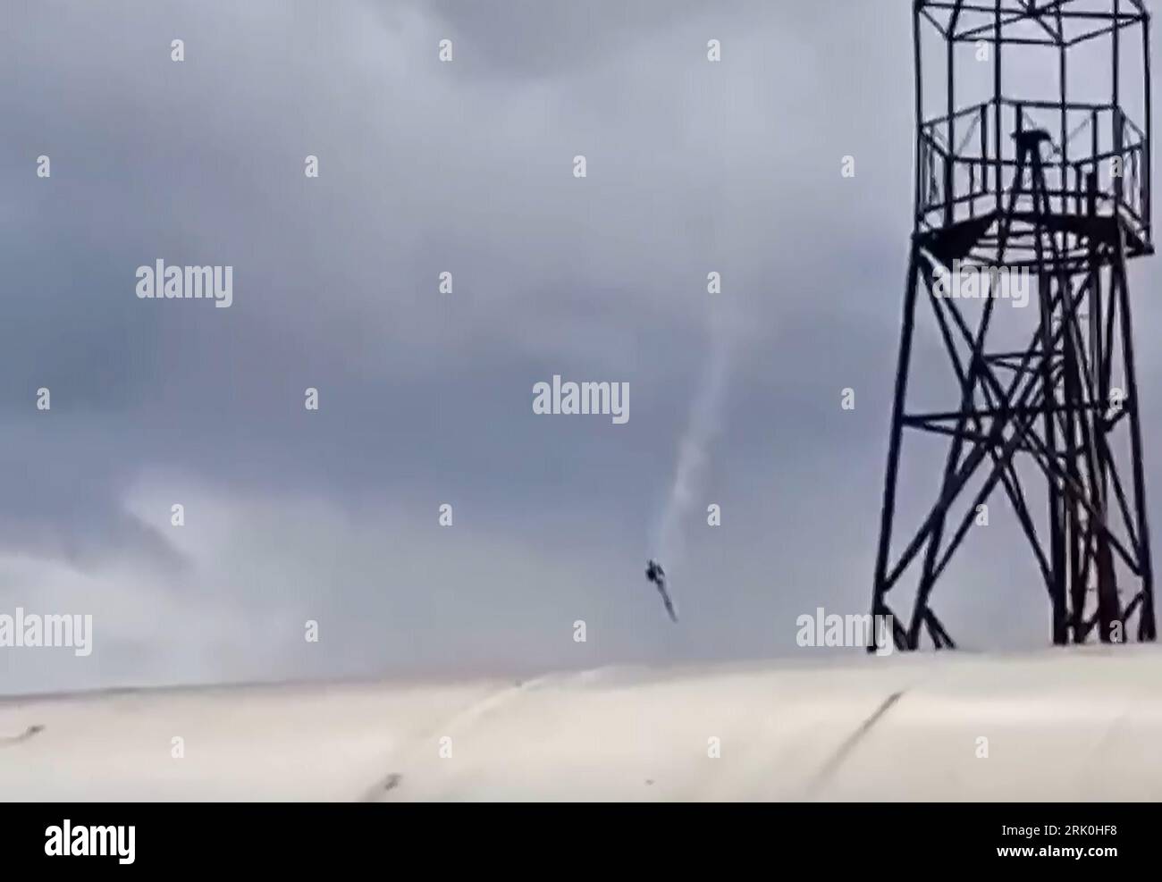 Tver, Russian Federation. 24th Aug, 2023. ? still image grabbed from the footage posted on a Wagner linked Telegram channel @grey zone on August 23, 2023, shows a plane falling in the sky near the village of Kuzhenkino, Tver region, Russia on August 23, 2023. Russian Ministry of Emergency Situations said on Wednesday that a private plane crashed in Tver region, killing all 10 people aboard, while the Russian Federal Air Transport Agency, Rosaviatsia, said that Wagner chief Yevgeny Prigozhin was on the list of passengers. Photo by Gray Zone/ Credit: UPI/Alamy Live News Stock Photo