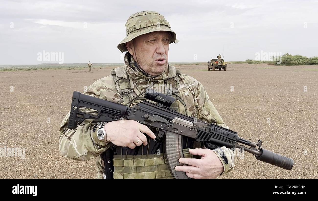 ? still image grabbed from the footage posted on a Wagner linked Telegram channel @razgruzka vagnera on August 22, 2023, shows the leader of Russia's Wagner mercenary group Yevgeny Prigozhin as he addresses the camera at an undisclosed location. Russian Ministry of Emergency Situations said on Wednesday August 23, 2023 that a private plane crashed in Tver region, killing all 10 people aboard, while the Russian Federal Air Transport Agency, Rosaviatsia, said that Wagner chief Yevgeny Prigozhin was on the list of passengers. Photo by Razgruzka Vagnera/UPI Stock Photo
