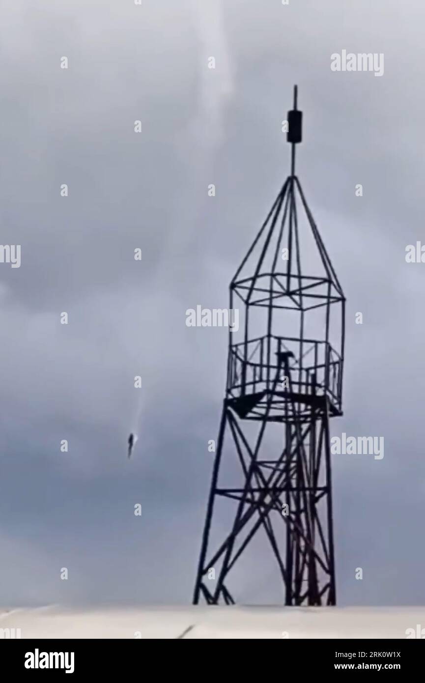 Tver, Russian Federation. 24th Aug, 2023. ? still image grabbed from the footage posted on a Wagner linked Telegram channel @grey zone on August 23, 2023, shows a plane falling in the sky near the village of Kuzhenkino, Tver region, Russia on August 23, 2023. Russian Ministry of Emergency Situations said on Wednesday that a private plane crashed in Tver region, killing all 10 people aboard, while the Russian Federal Air Transport Agency, Rosaviatsia, said that Wagner chief Yevgeny Prigozhin was on the list of passengers. Photo by Gray Zone/ Credit: UPI/Alamy Live News Stock Photo