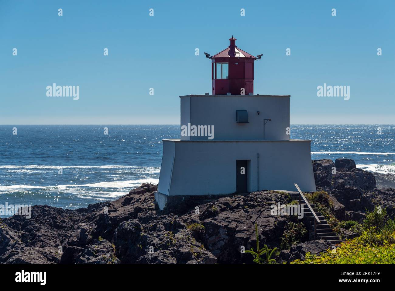 Amphitrite Point Lighthouse along the Wild Pacific Trail hike, Ucluelet, Vancouver Island, British Columbia, Canada. Stock Photo