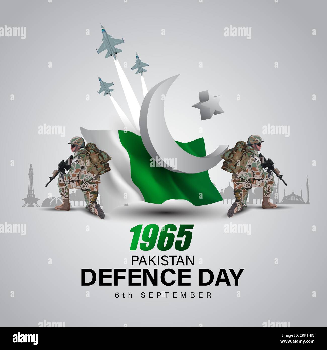 happy defense day Pakistan. 3d letter with Pakistani flag and black outline soldiers. abstract vector illustration design Stock Vector
