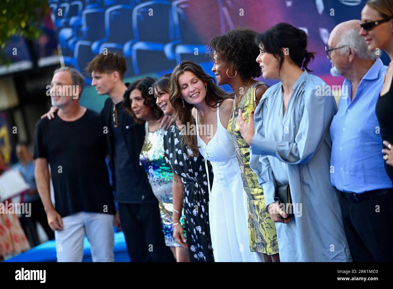 Canadian actress and director Monia Chokri, French actor Raphael Quenard, French Director of French Fiction department of France Televisions, French producer Jean-Louis Livi, French model and actress Laetitia Casta, Tunisian director Kaouther Ben Hania, French actress and writer Rachel Khan, French-Algerian singer Souad Massi and Swiss cartoonist and illustrator Philippe Chappuis, better known by his pen name Zep, pose during a photocall of the jury members of the 16th Angouleme Film Festival on August 23n 2023 in Angouleme, France. Photo by Franck Castel/ABACAPRESS.COM Stock Photo