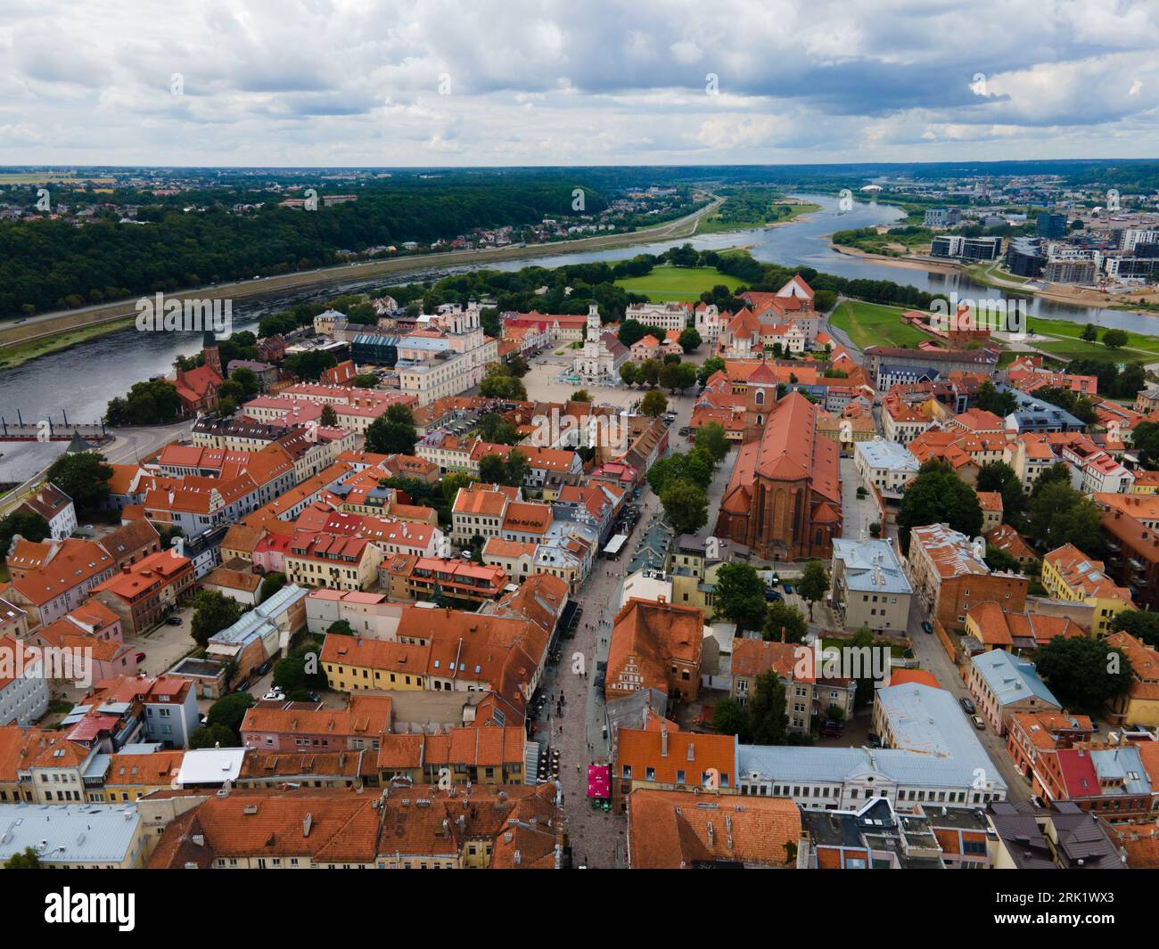 An aerial view of the picturesque riverside town of Kaunas, Lithuania Stock Photo