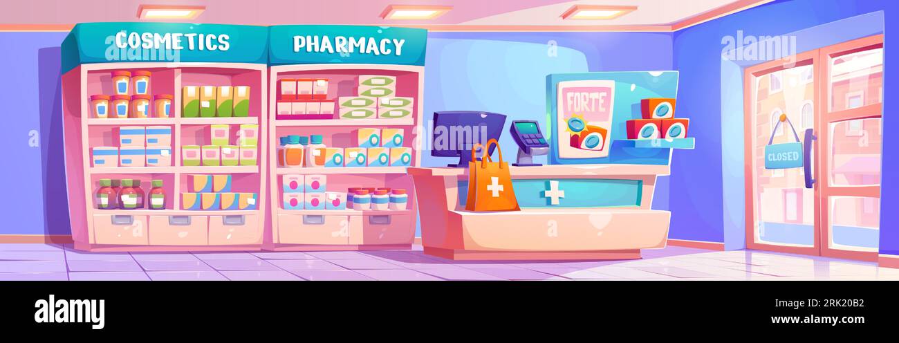 Pharmacy interior with shelves and racks with boxes, tubes and jars of medicines and pills, counter and package with purchased drugs. Cartoon vector illustration of drugstore with medical product. Stock Vector