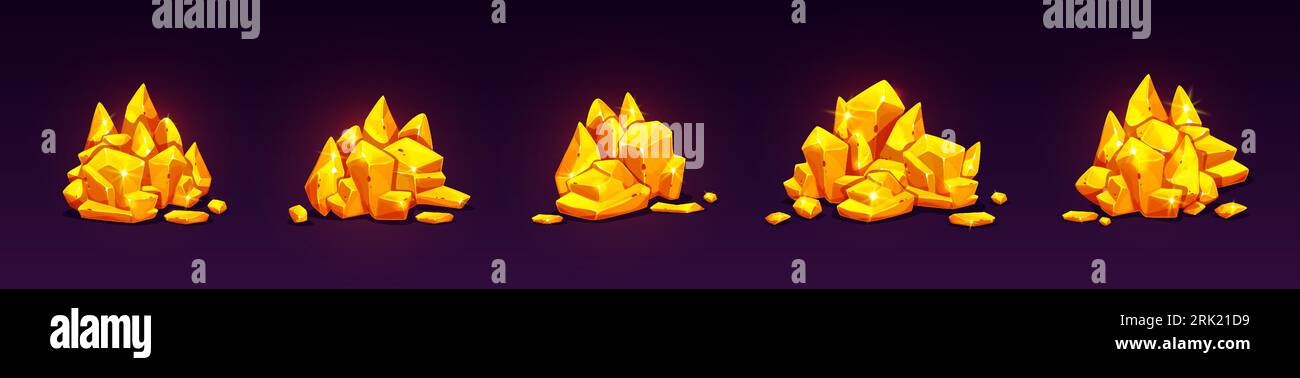 Gold mine nugget and rock in pile and heap. Cartoon vector illustration set of golden gem stones. Bunch of solid natural treasure. Pieces of yellow shiny golden crystals in clumps. Ore raw material. Stock Vector