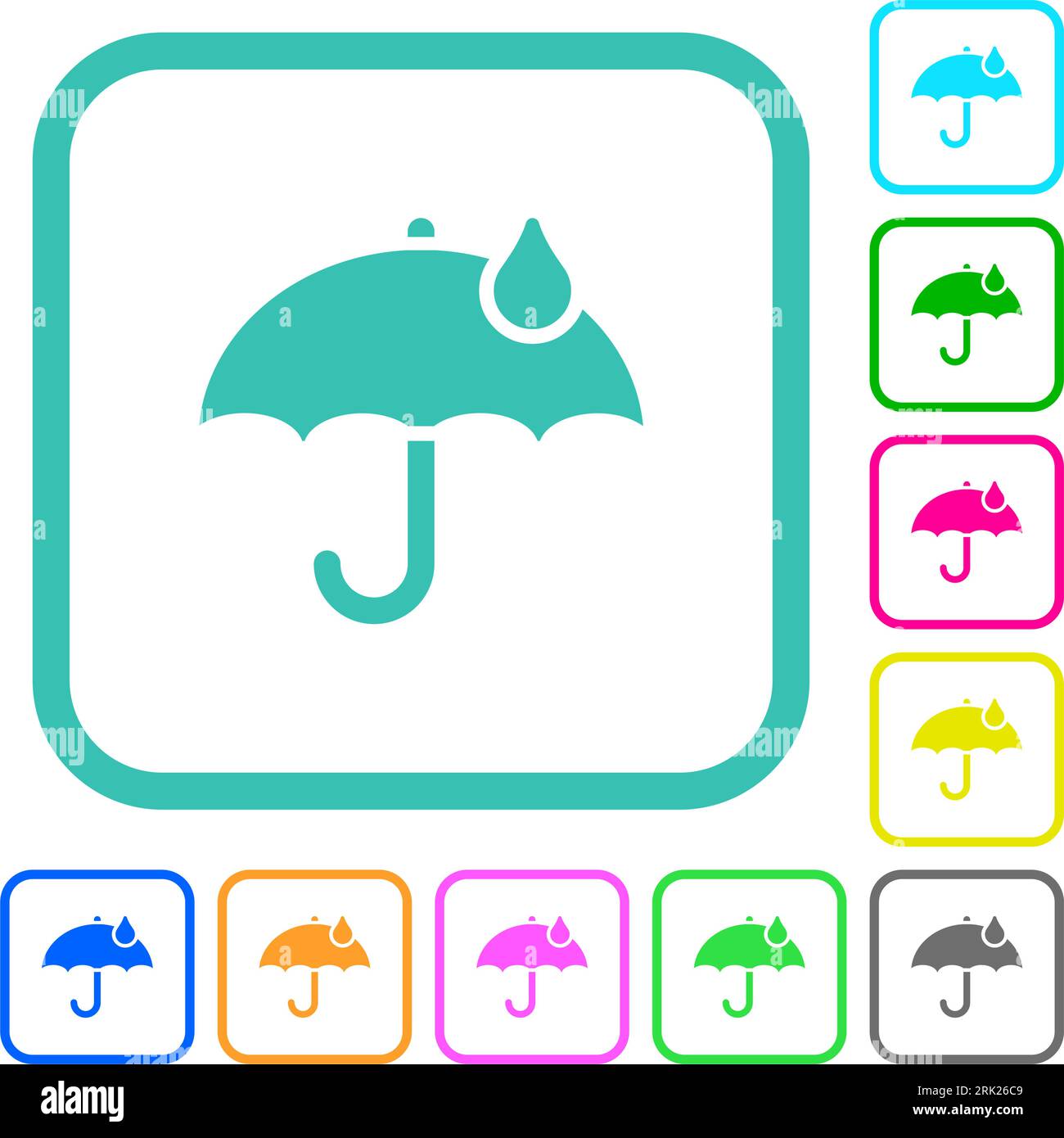Umbrella with single raindrop solid vivid colored flat icons in curved ...
