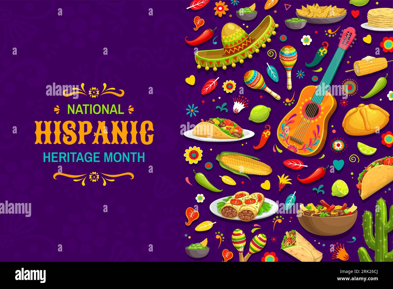 National hispanic heritage month banner. Cuisine, sombrero, musical ...