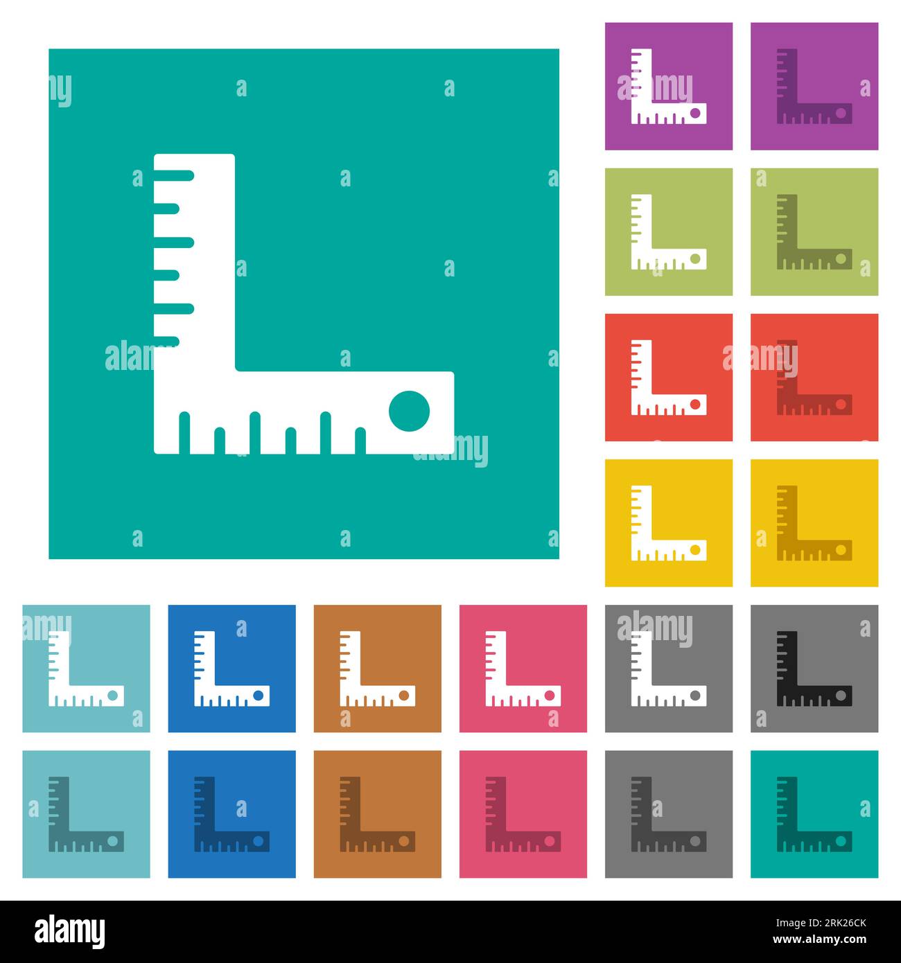 measurement tool solid multi colored flat icons on plain square backgrounds. Included white and darker icon variations for hover or active effects. Stock Vector