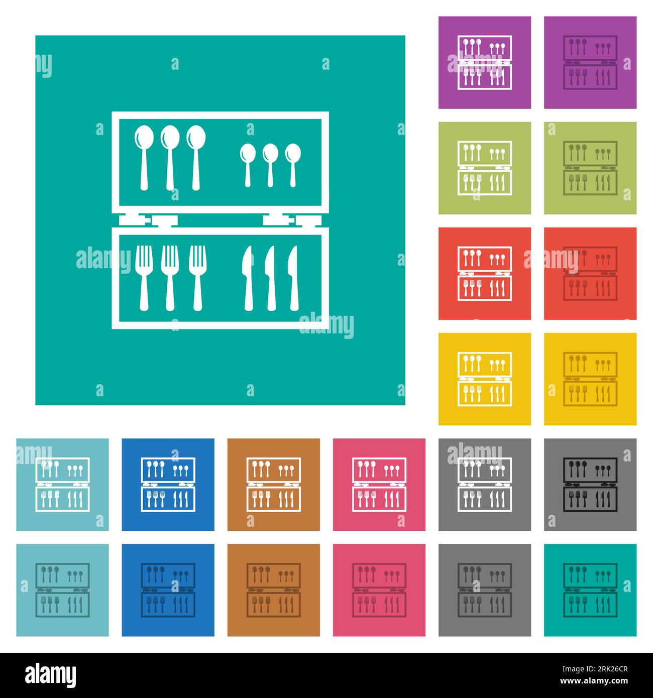Flatware box multi colored flat icons on plain square backgrounds. Included white and darker icon variations for hover or active effects. Stock Vector
