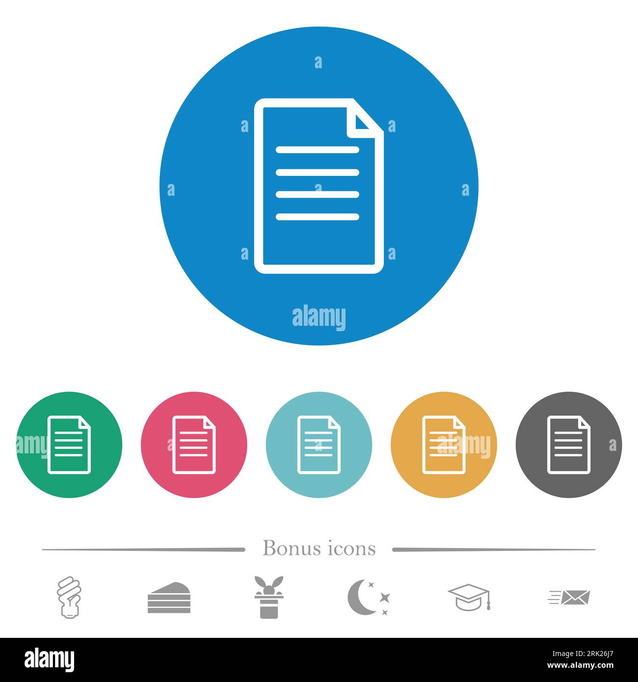 Document flat white icons on round color backgrounds. 6 bonus icons ...