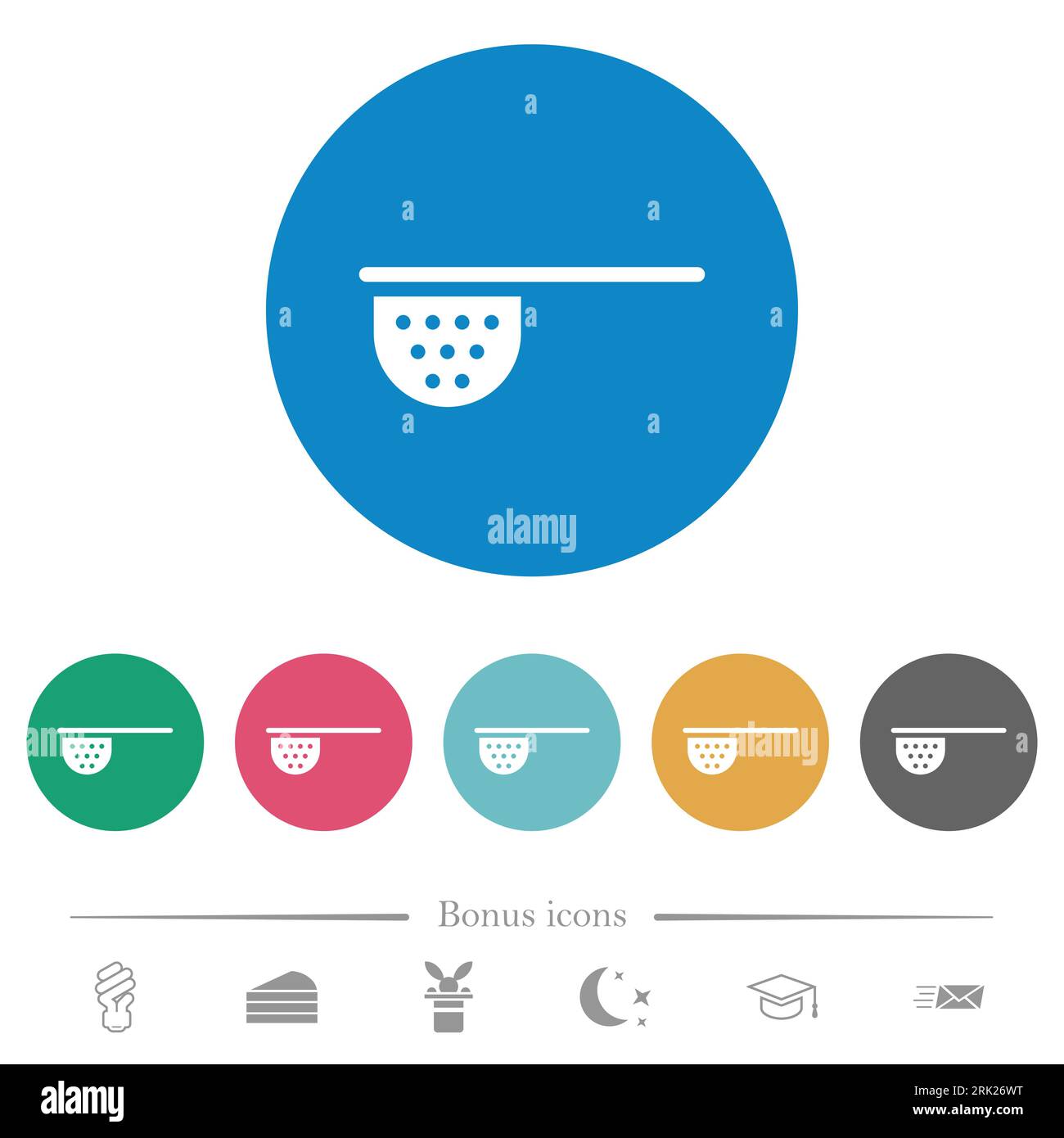 Tea stainer flat white icons on round color backgrounds. 6 bonus icons ...