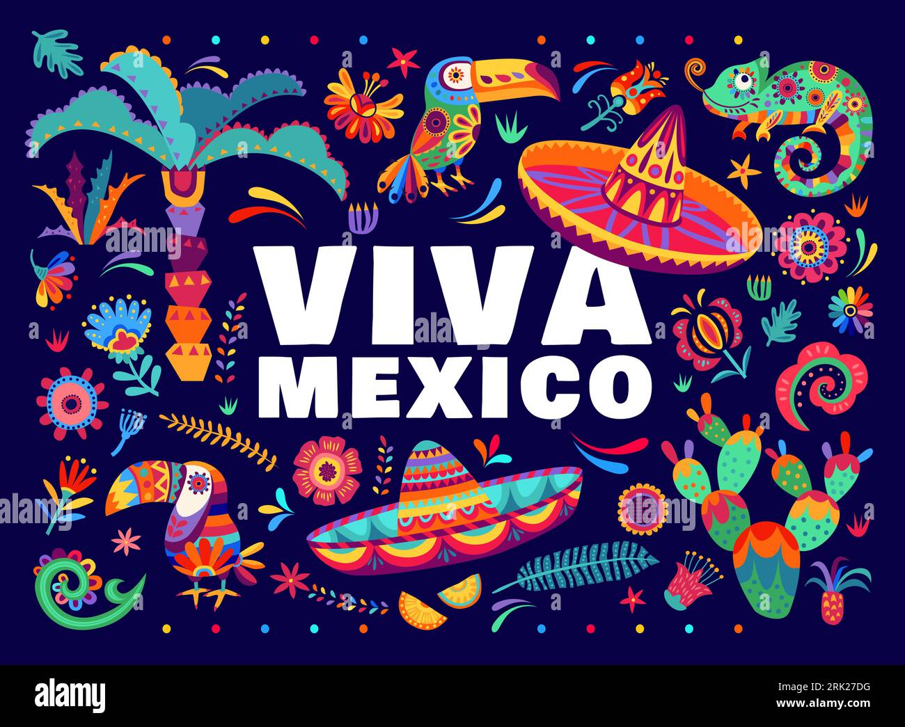 Viva mexico banner with tropical flowers, cactuses and chameleons, mexican sombrero hat and toucans. Vector background, capturing vibrant essence of m Stock Vector