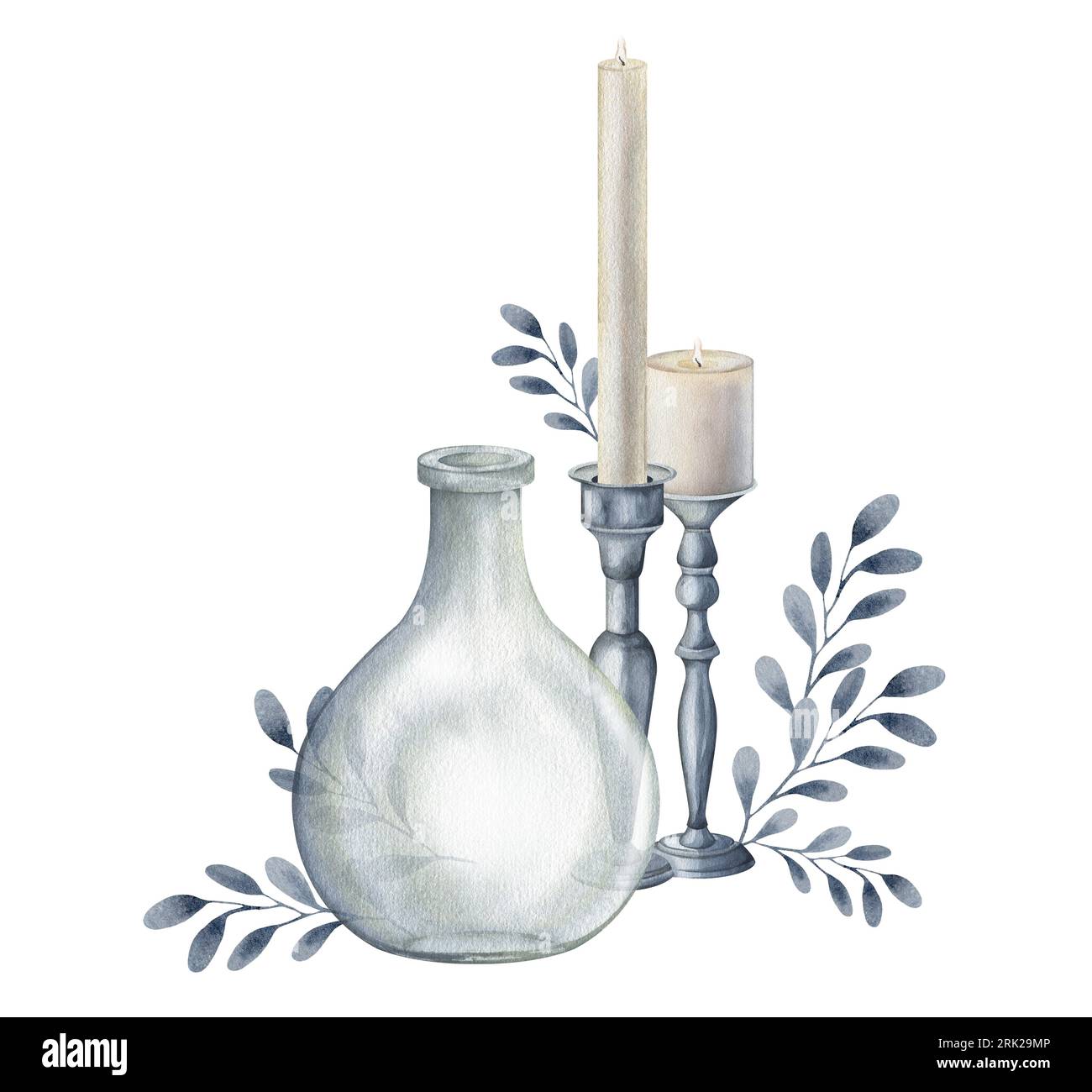 Set of glass jar, vase, candle, candlestick, branch. Watercolor hand drawn clipart isolated on white background. Halloween theme gothic horror witchy Stock Photo