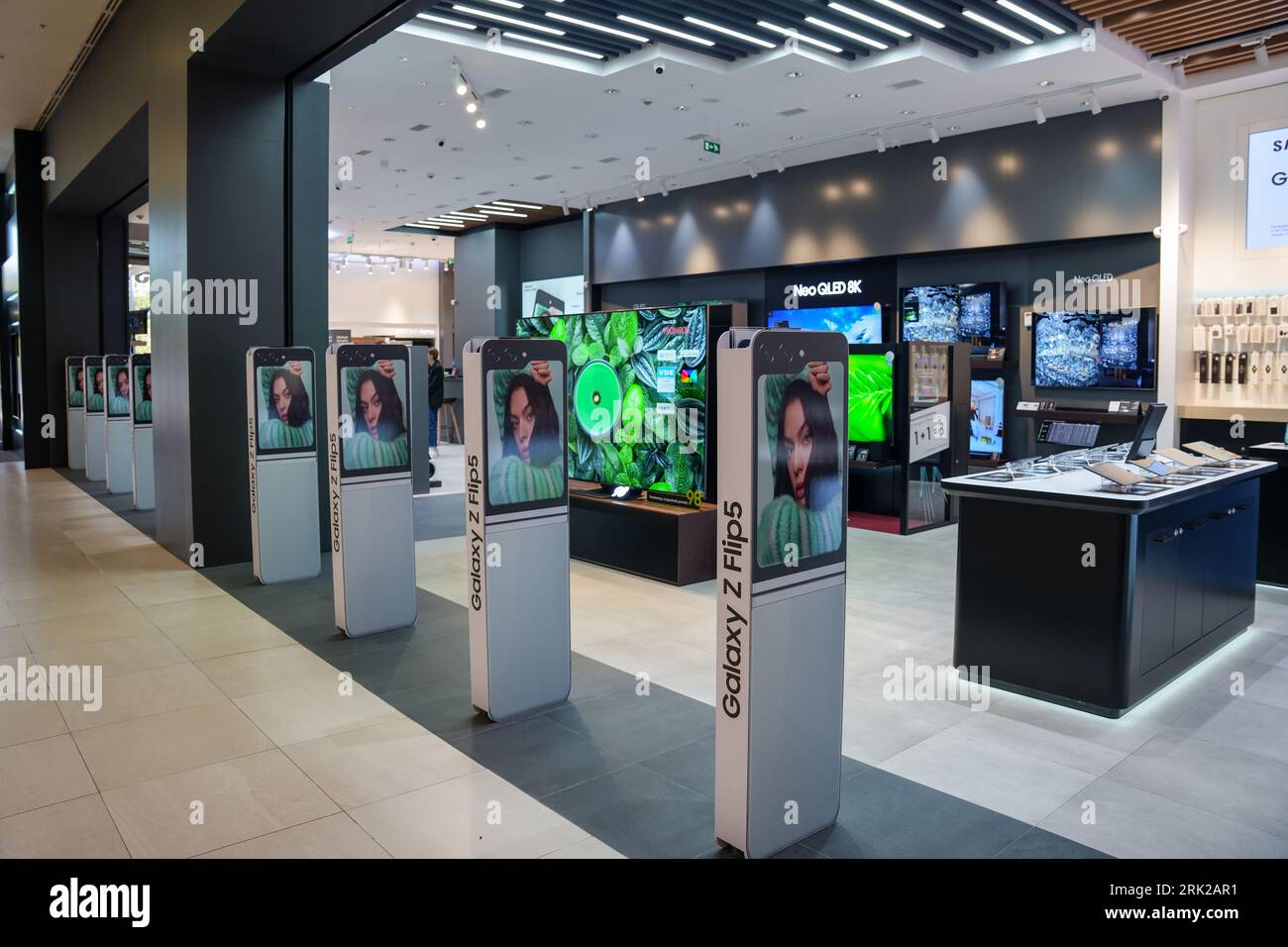 Almaty, Kazakhstan - August 17, 2023: Samsung smartphone store in the mall. Korean electronics company. Modern technology Stock Photo