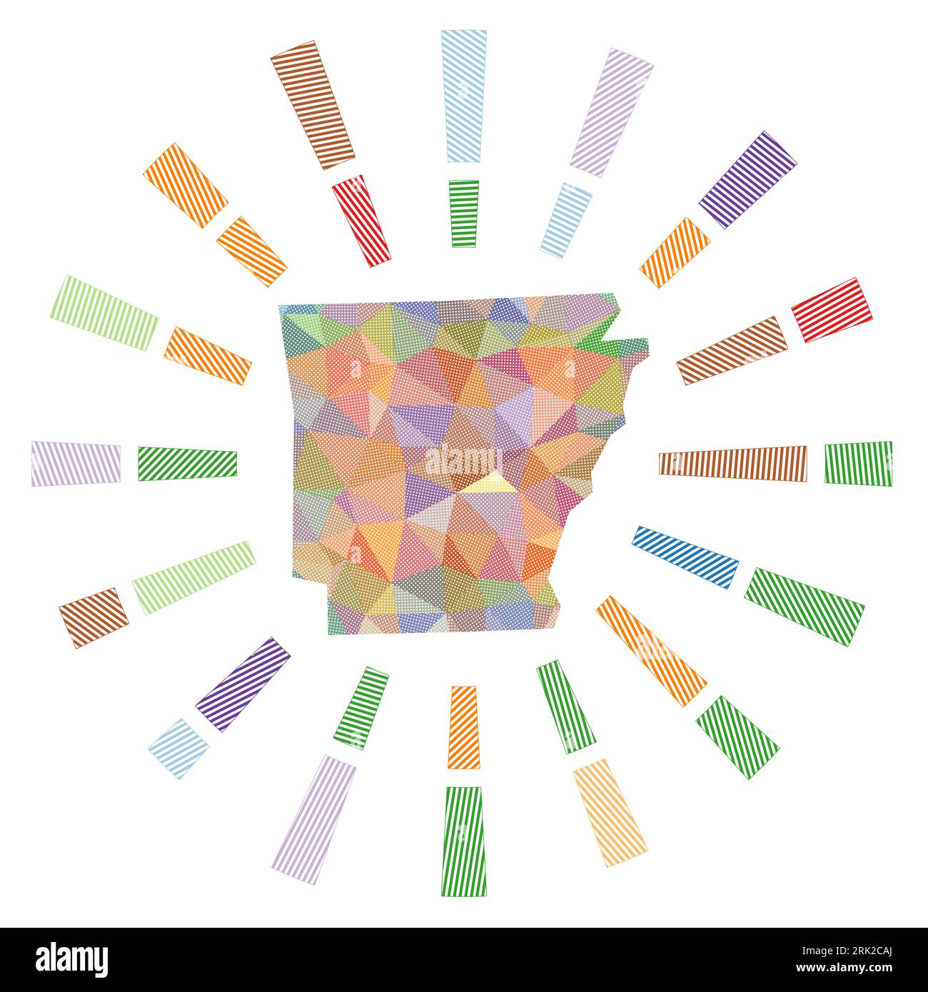 Arkansas sunburst. Low poly striped rays and map of the US state ...