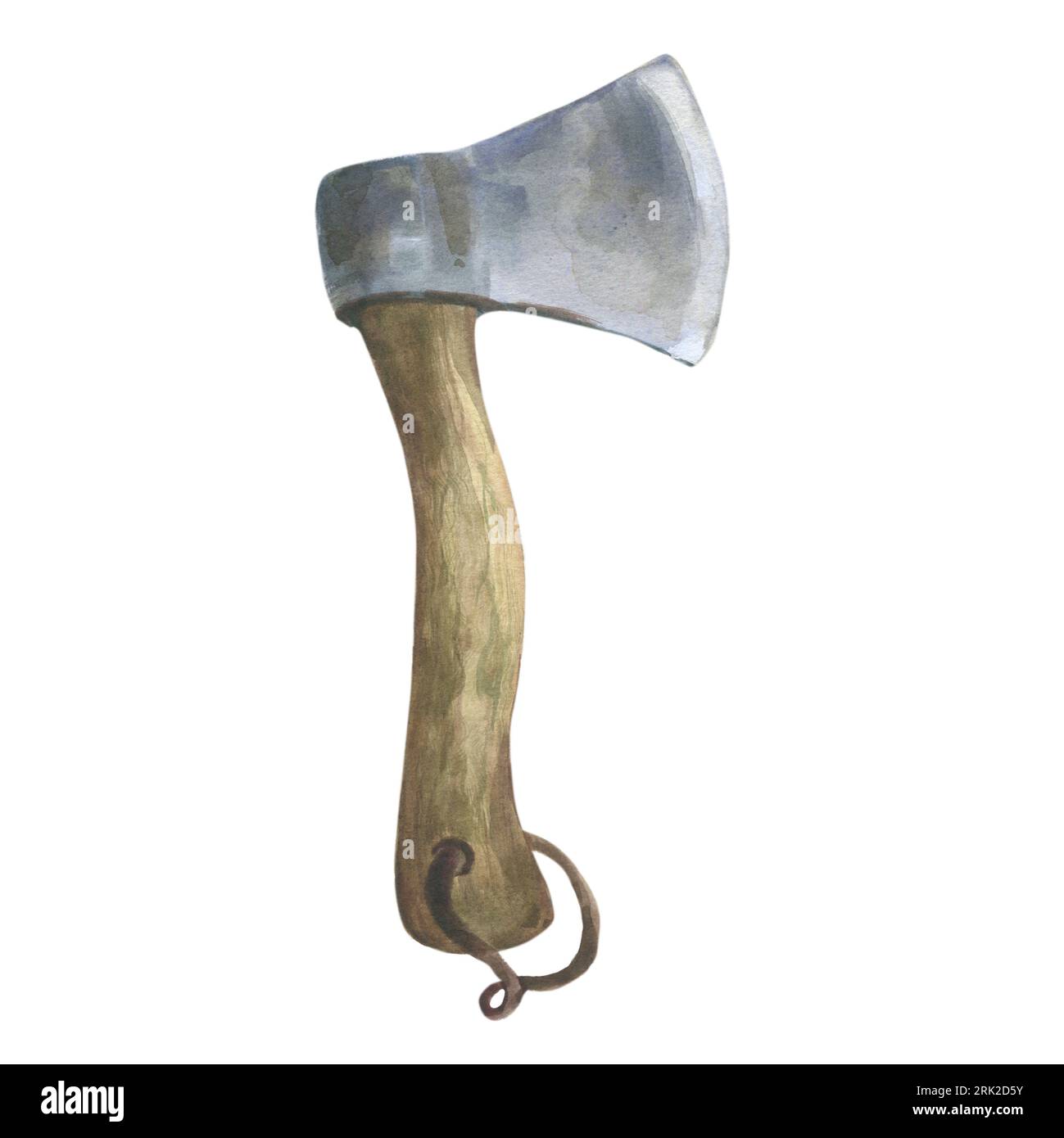 Watercolor hand drawn illustration of a tourist ax with a wooden handle