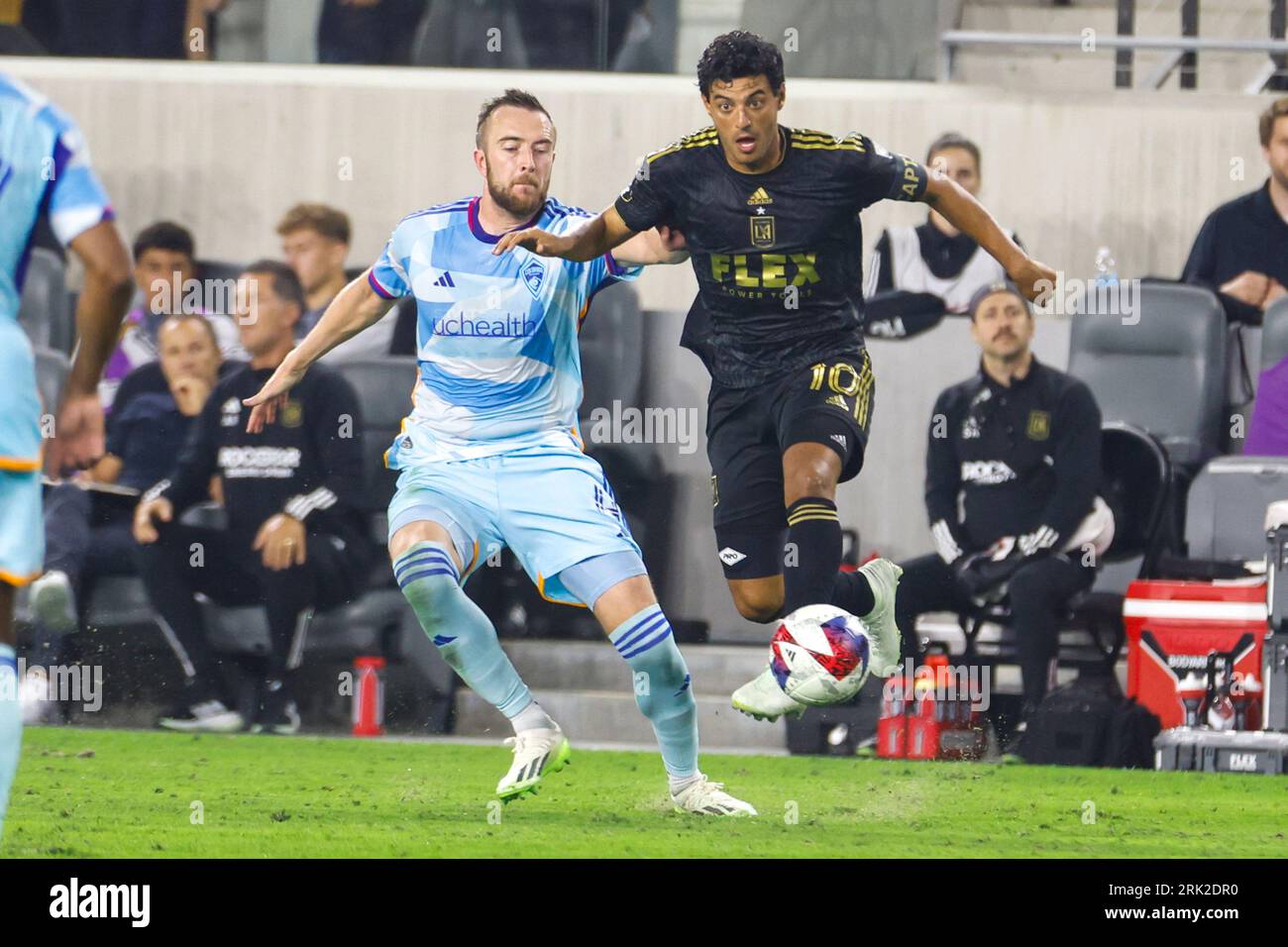 Los Angeles, California, USA. 23rd Aug, 2023. Los Angeles FC's Carlos Vela (R) and Colorado Rapids' Danny Wilson (L) in actions during an MLS soccer match between the Colorado Rapids and the Los Angeles FC, Aug. 23, 2023, in Los Angeles. (Credit Image: © Ringo Chiu/ZUMA Press Wire) EDITORIAL USAGE ONLY! Not for Commercial USAGE! Stock Photo