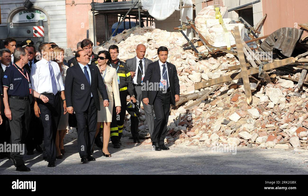 Bildnummer: 53186708  Datum: 09.07.2009  Copyright: imago/Xinhua (090709) -- L AQUILA, July 9, 2009 (Xinhua) -- Italian Prime Minister Silvio Berlusconi (3rd L, front) and US President Barack Obama (2nd L, front) visit the historical center of L Aquila destroyed by the earthquake on April 6 in L Aquila, Italy, July 8, 2009, first day of the G8 Summit.     (Xinhua/Pool) (msq) (4)ITALY-L AQUILA-G8-OBAMA-QUAKE-VISIT  PUBLICATIONxNOTxINxCHN  premiumd People Politik Erdbeben g8 Gipfel Kbdig xdp  2009 quer o0 G 8, Laquila, USA    Bildnummer 53186708 Date 09 07 2009 Copyright Imago XINHUA 090709 l Aq Stock Photo