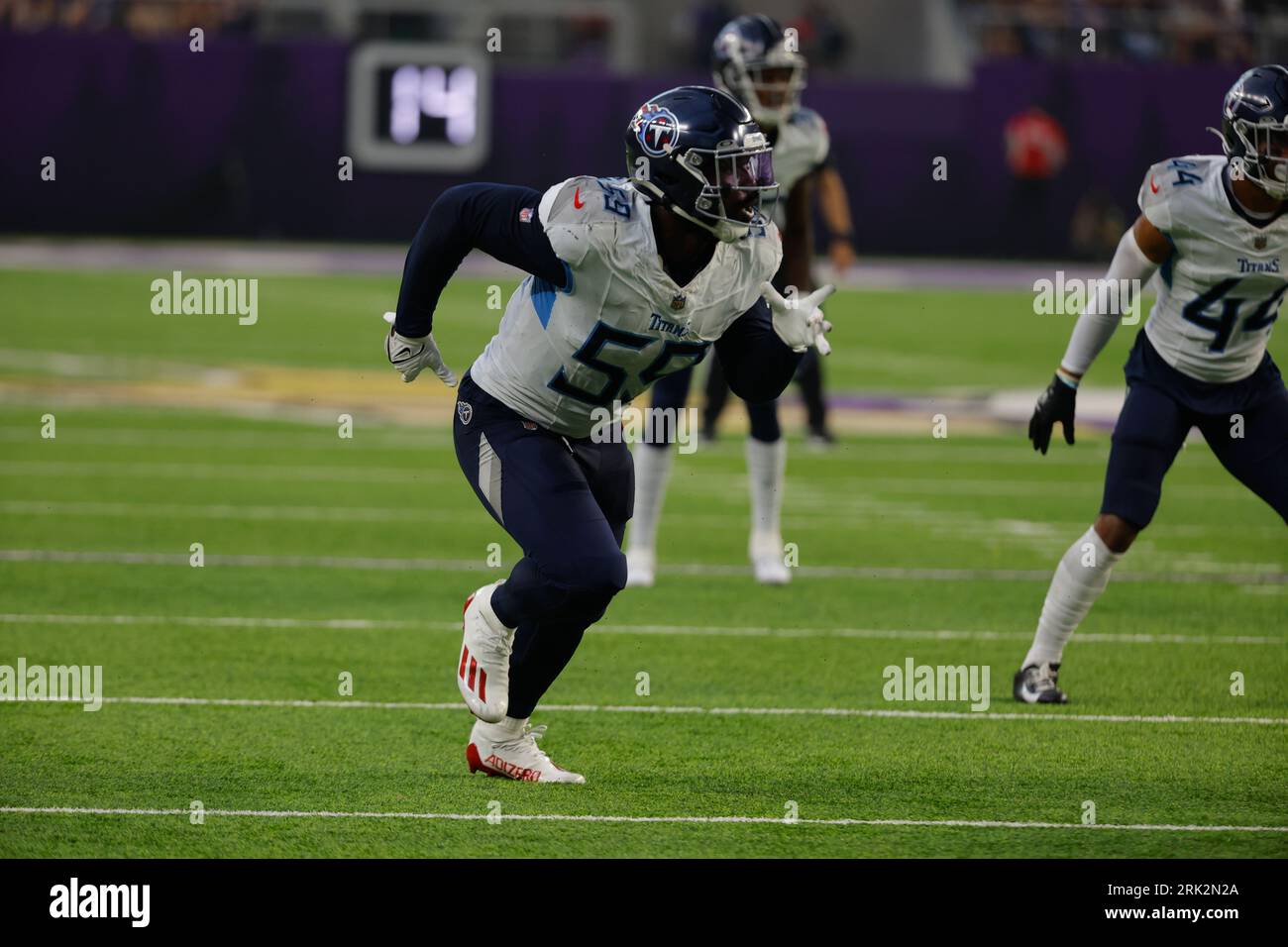 Tennessee Titans linebacker Sam Okuayinonu (59) defends against the  Minnesota Vikings in the first half of a preseason NFL football game,  Saturday, Aug. 19, 2023, in Minneapolis. (AP Photo/Bruce Kluckhohn Stock  Photo - Alamy