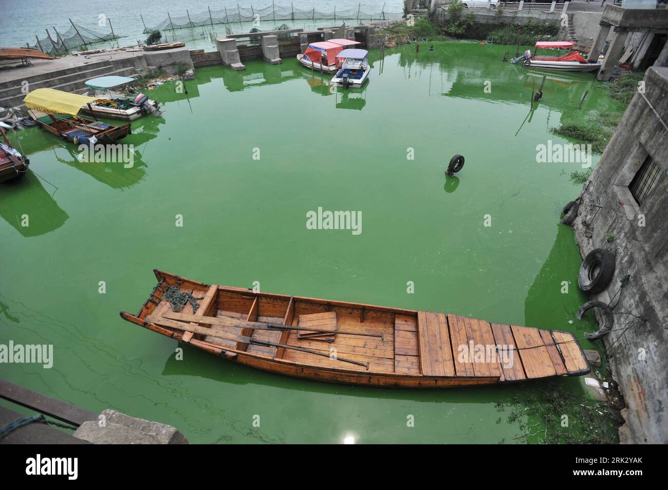 Bildnummer: 53268086  Datum: 17.08.2009  Copyright: imago/Xinhua (090817) -- WUHAN, Aug. 17, 2009 (Xinhua) -- The picture taken on Aug. 17, 2009 shows a lake polluted by cyanophyta algal in Wuhan, capital city of central China s Hubei Province. Local environment authority is monitoring the lake water to prevent the spread of pollution. (Xinhua) (xxh) (1)CHINA-WUHAN-POLLUTION (CN)  PUBLICATIONxNOTxINxCHN  Fotostory blaugrüne Algen Alge Algenblüte Verschmutzung Wasserverschmutzung Gewässer premiumd Highlight kbdig xsk  2009 quer o0 Wasser    Bildnummer 53268086 Date 17 08 2009 Copyright Imago XI Stock Photo
