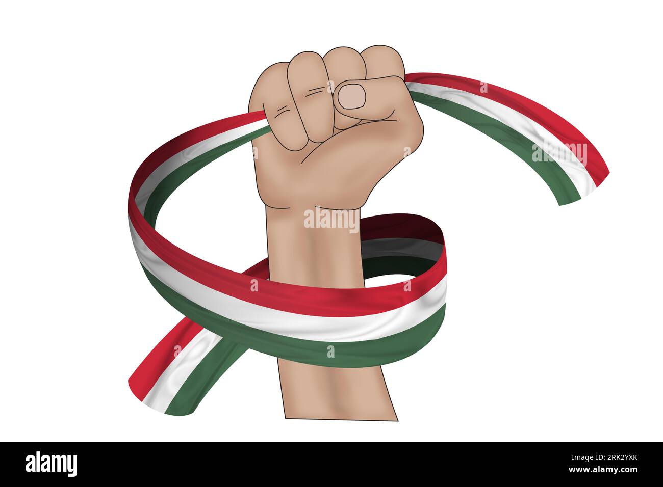 3D illustration. Hand holding flag of Hungary on a fabric ribbon background. Stock Photo