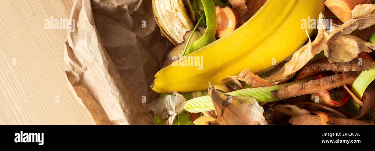 Food organic waste on eco friendly parchment paper, fruit and vegetable