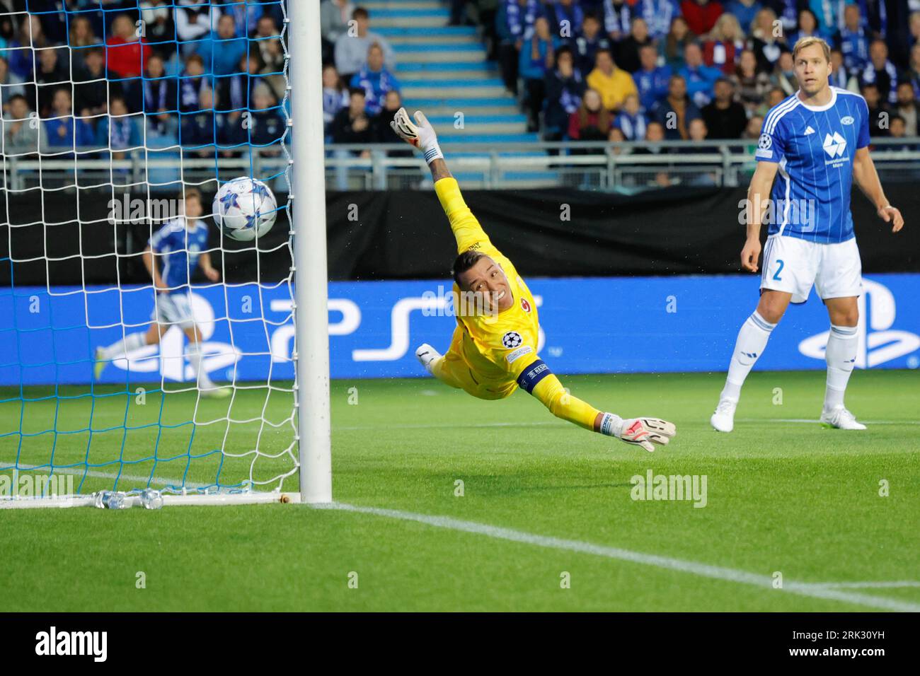 Molde 20230823.Galatasaray goalkeeper Fernando Muslera throws himself after the ball when Molde scores during the playoff match for the Champions League in football between Molde and Galatasaray at Aker Stadion. Photo: Svein Ove Ekornesvaag / NTB Stock Photo