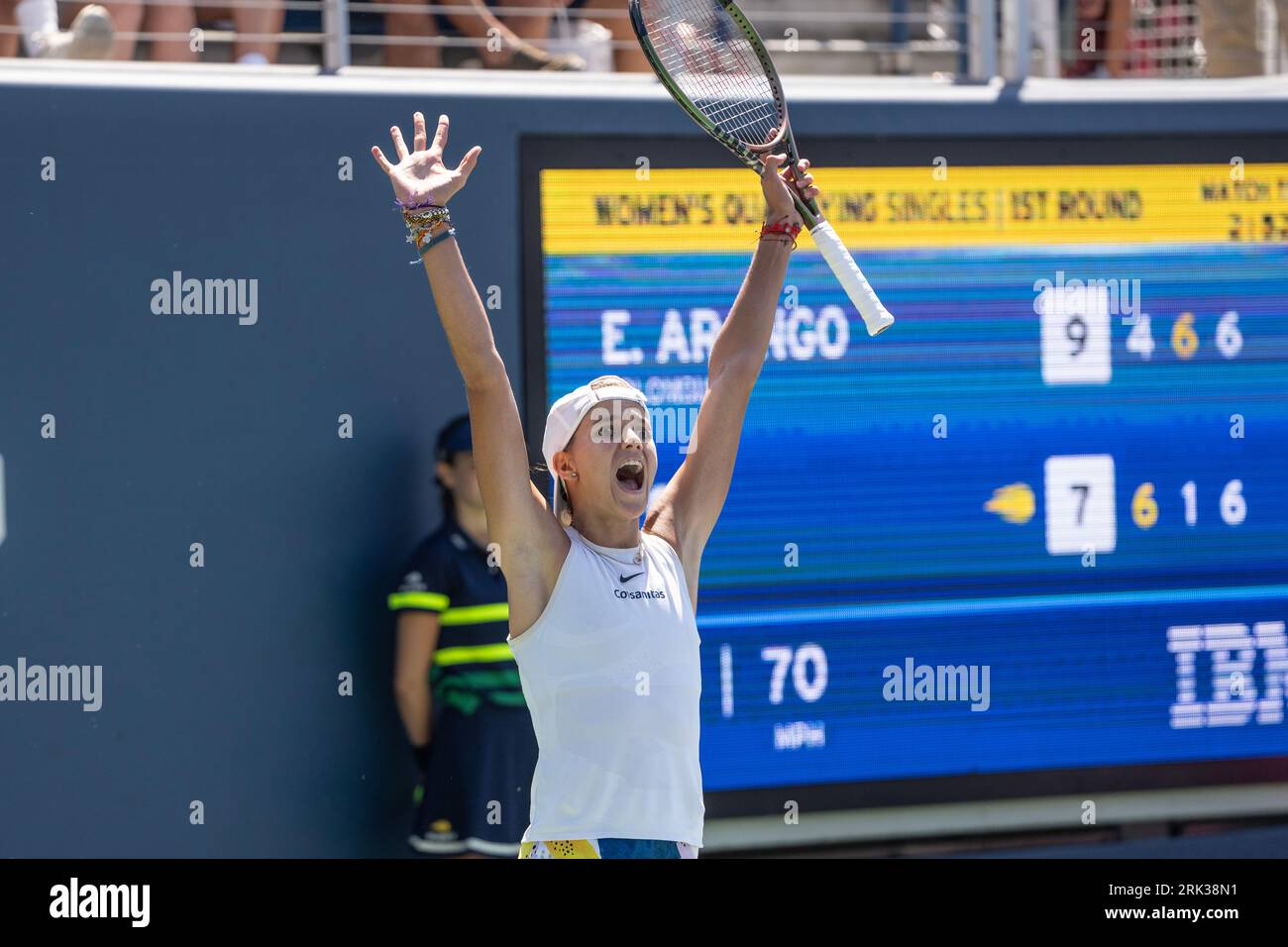 Emiliana Arango of Colombia in action against Irene Burillo of Spain during  the Mutua Madrid Open 2023, Masters 1000 tennis tournament on April 25, 2023  at Caja Magica in Madrid, Spain 