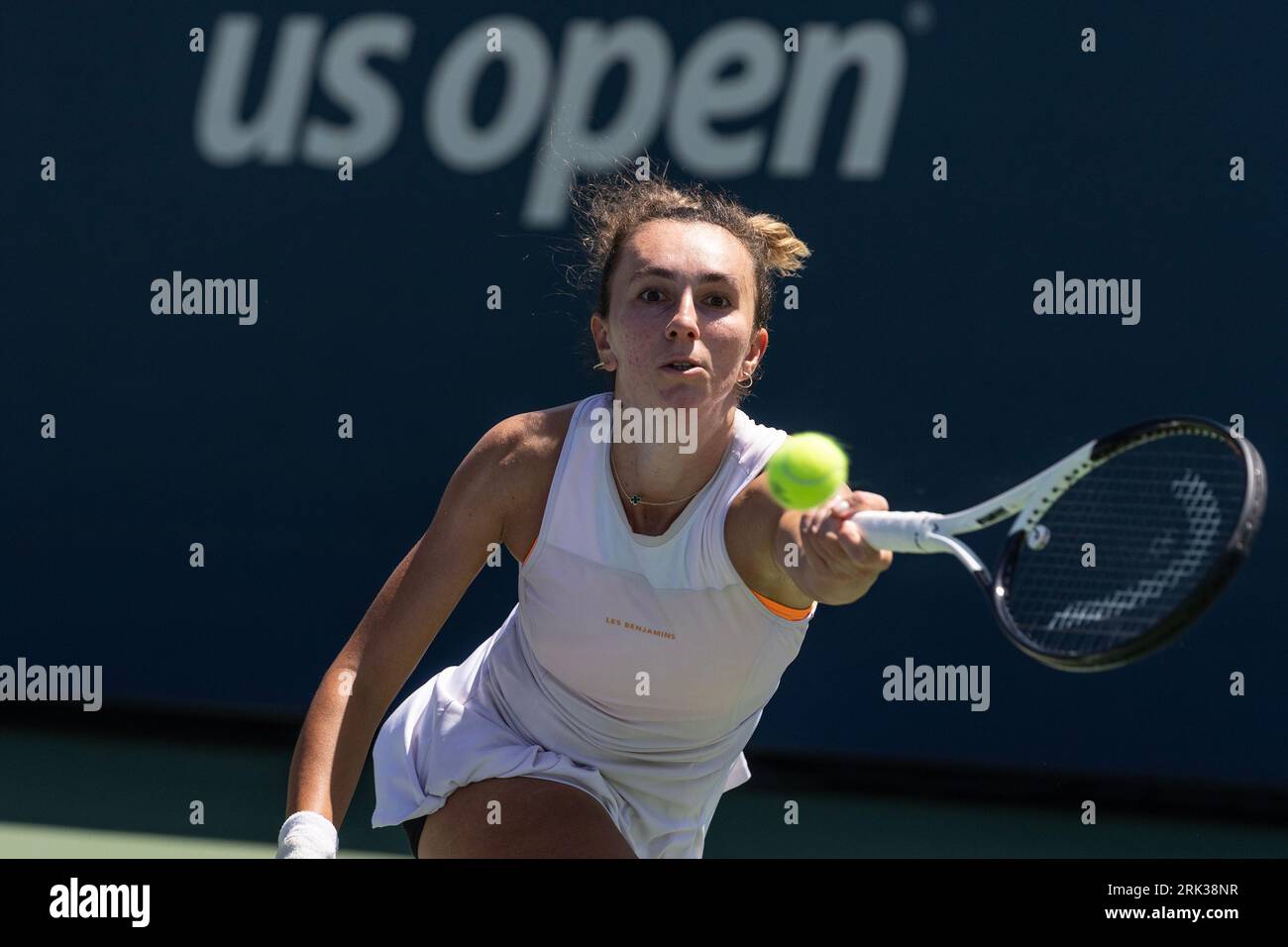 Ipek Oz of Turkiye returns ball during 1st round match against Emiliana Arango of Colombia of qualifying for US Open Championship at Billy Jean King Tennis Center in New York on August