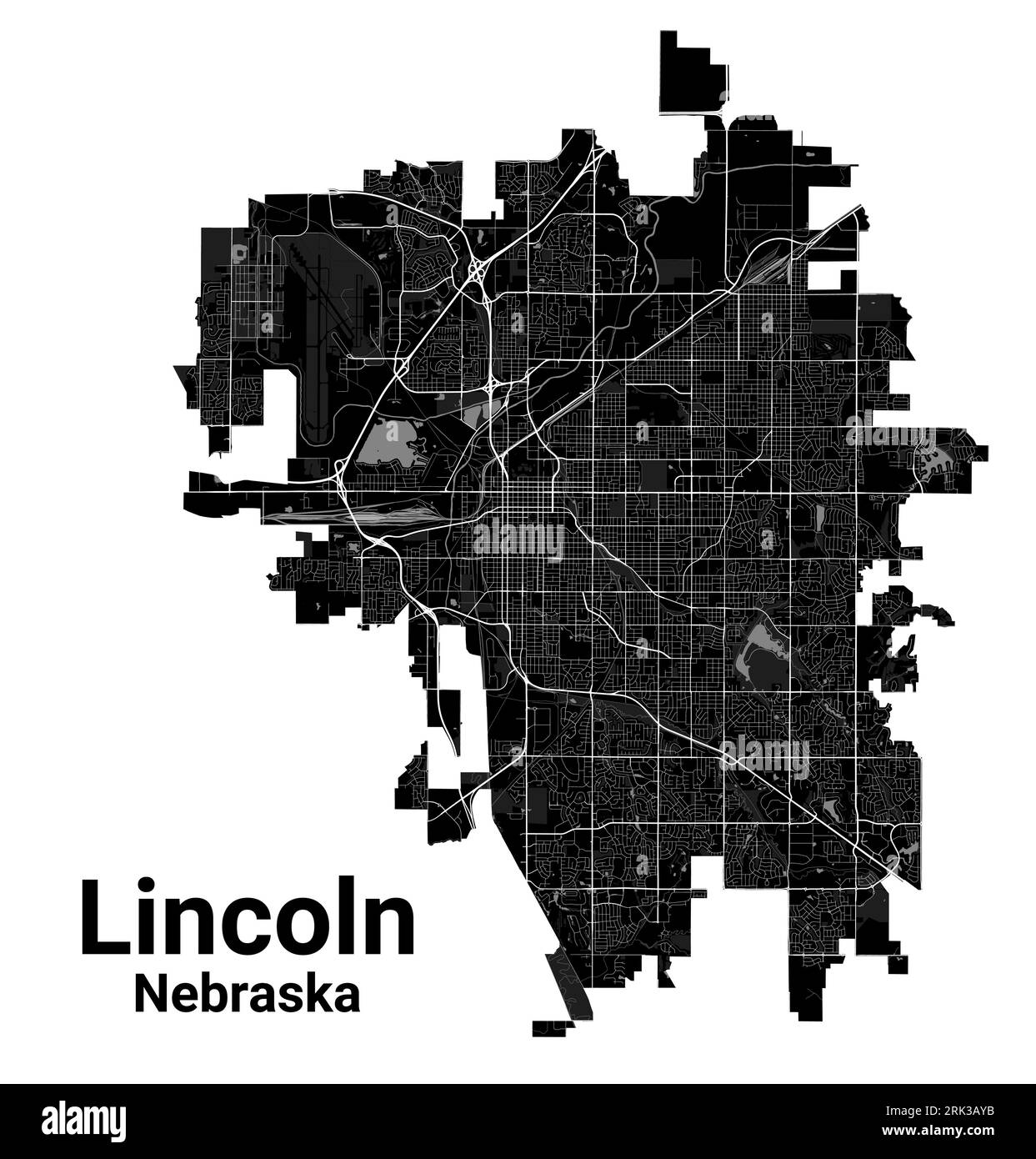 Lincoln city map, capital of the USA state of Nebraska. Municipal administrative borders, black and white area map with rivers and roads, parks and ra Stock Vector