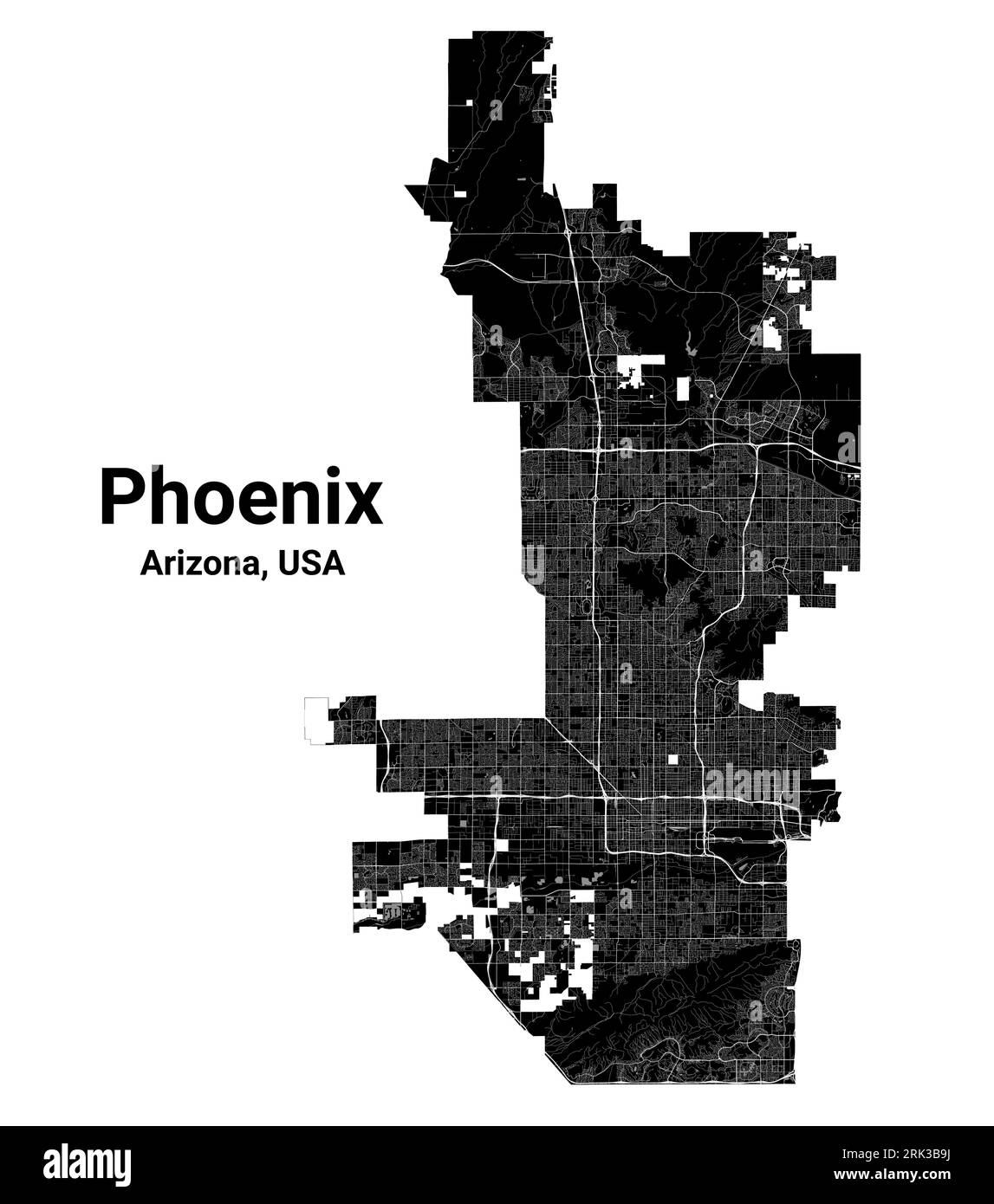Phoenix city map, capital of the USA state of Arizona. Municipal administrative borders, black and white area map with rivers and roads, parks and rai Stock Vector