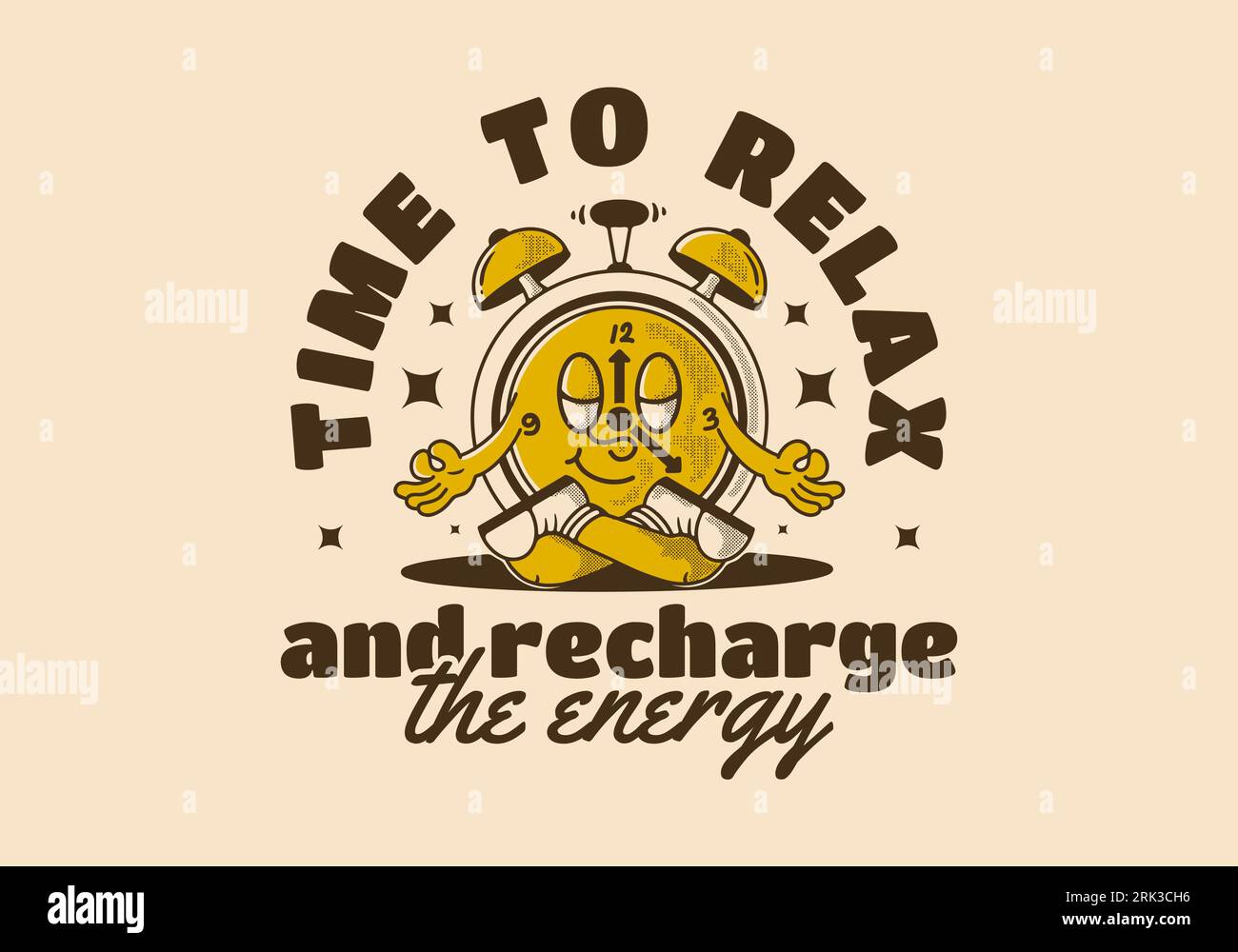 Time to relax and recharge energy, alarm clock mascot character in