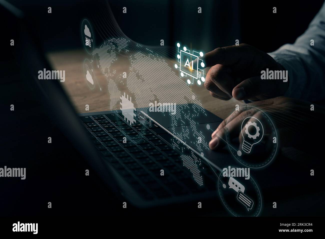 Man uses AI, machine learning, and artificial intelligence technology. chat on computer digital assistant big data concept Chat with AI Stock Photo