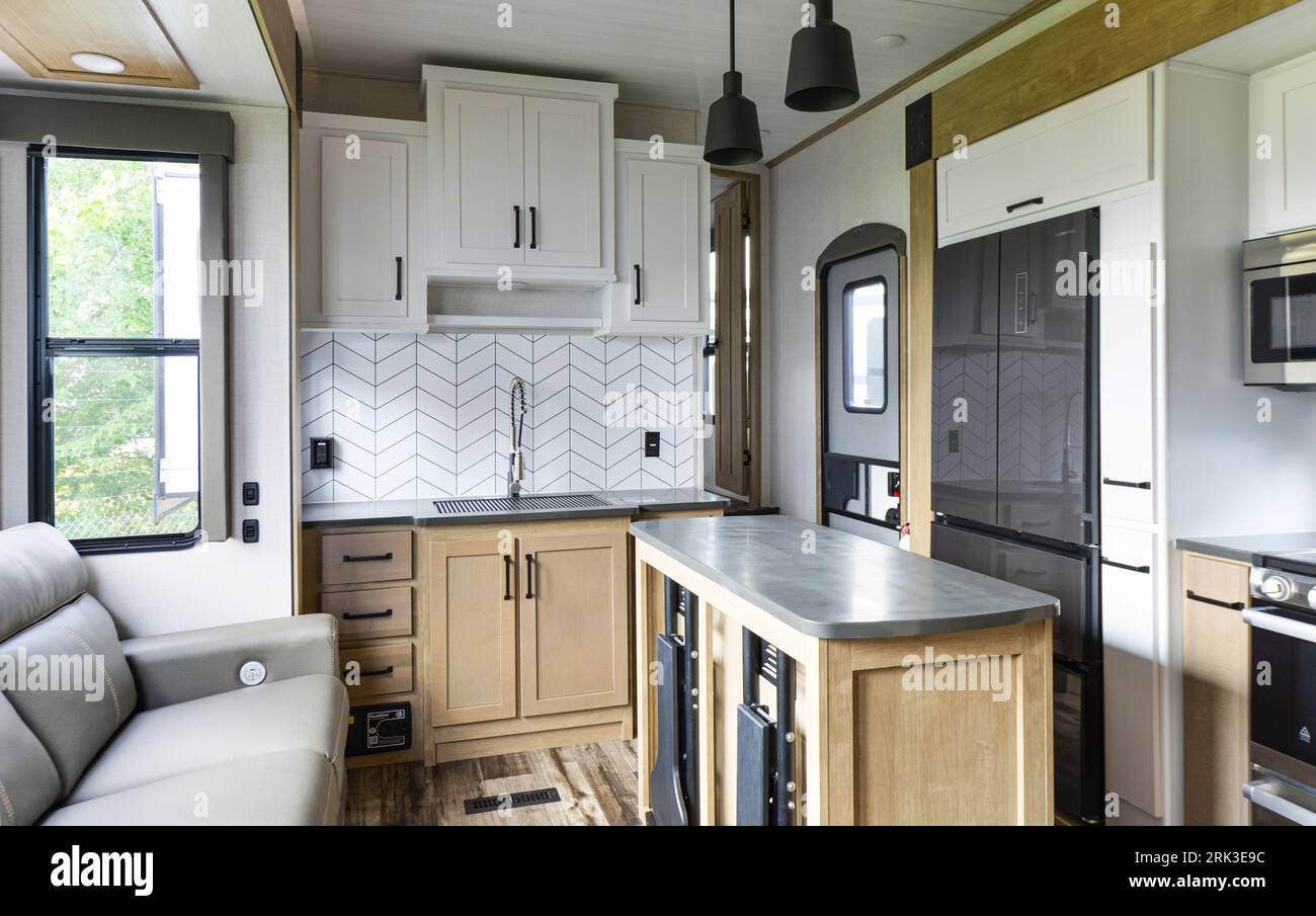 2023 Raptor 420 model RV interior kitchen and living area Stock Photo
