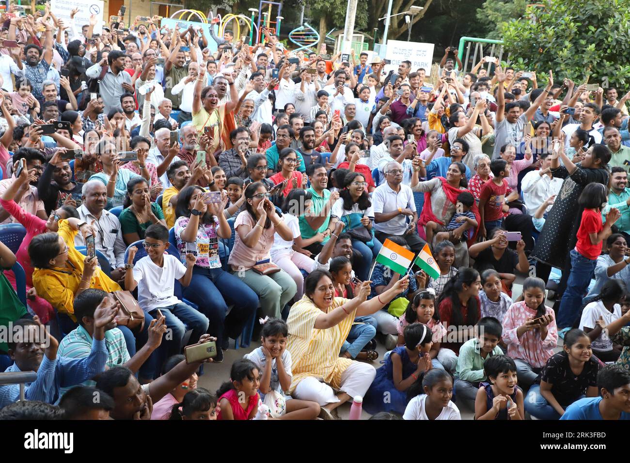 bengaluru-india-23rd-aug-2023-people-celebrate-as-they-watch-a-live