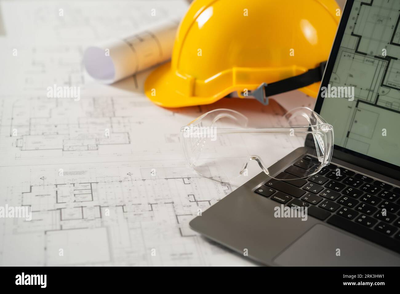 Architecture working plans engineer, equipment, architects, and designersConstruction blueprint project document On the desk in the office are enginee Stock Photo