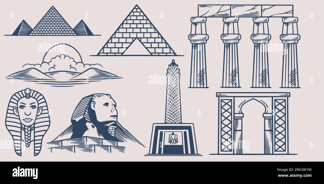 Hand drawing doodle trip travel elements set go to egypt with pyramid, sphinx, Pharaoh, museum and temple. Stock Vector