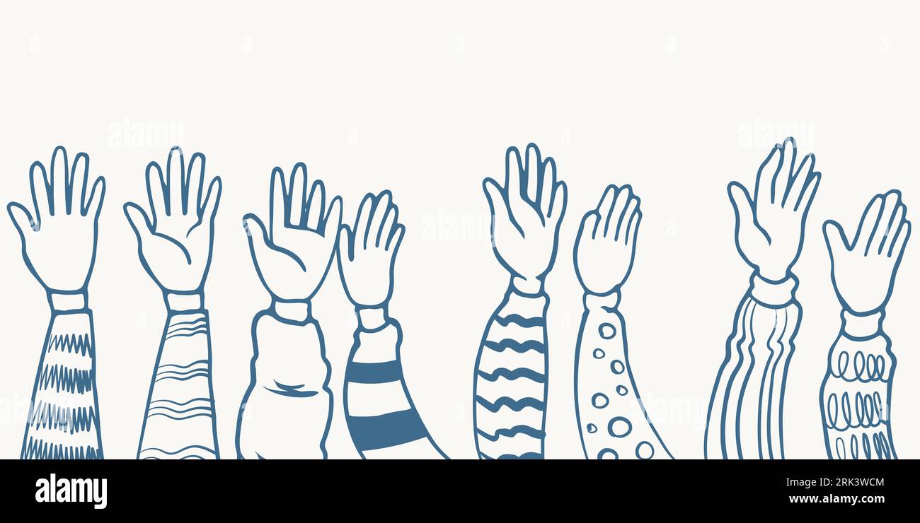 Hand drawn eight hands five clapping ovation illustration sketch isolated on white background with different clothes style. Stock Vector