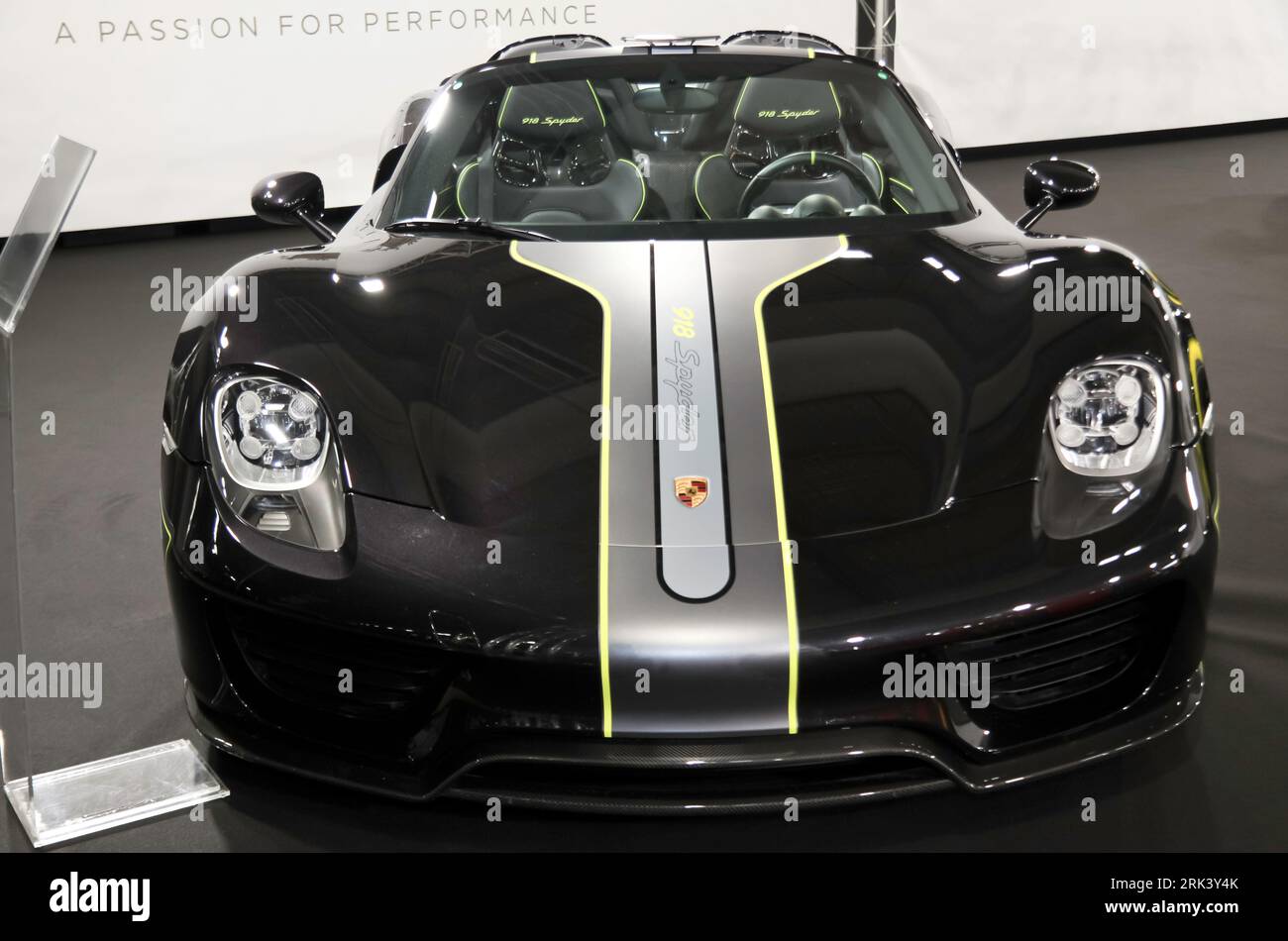 Front view of a black, Porsche 918 Spyder, on the Premier GT Stand, at the 2023 British Motor Show, Farnborough Stock Photo