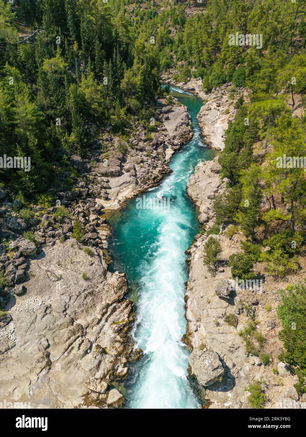 Aerial drone shot of Koprucay river from Koprulu Canyon in Manavgat, Antalya, Turkey Stock Photo