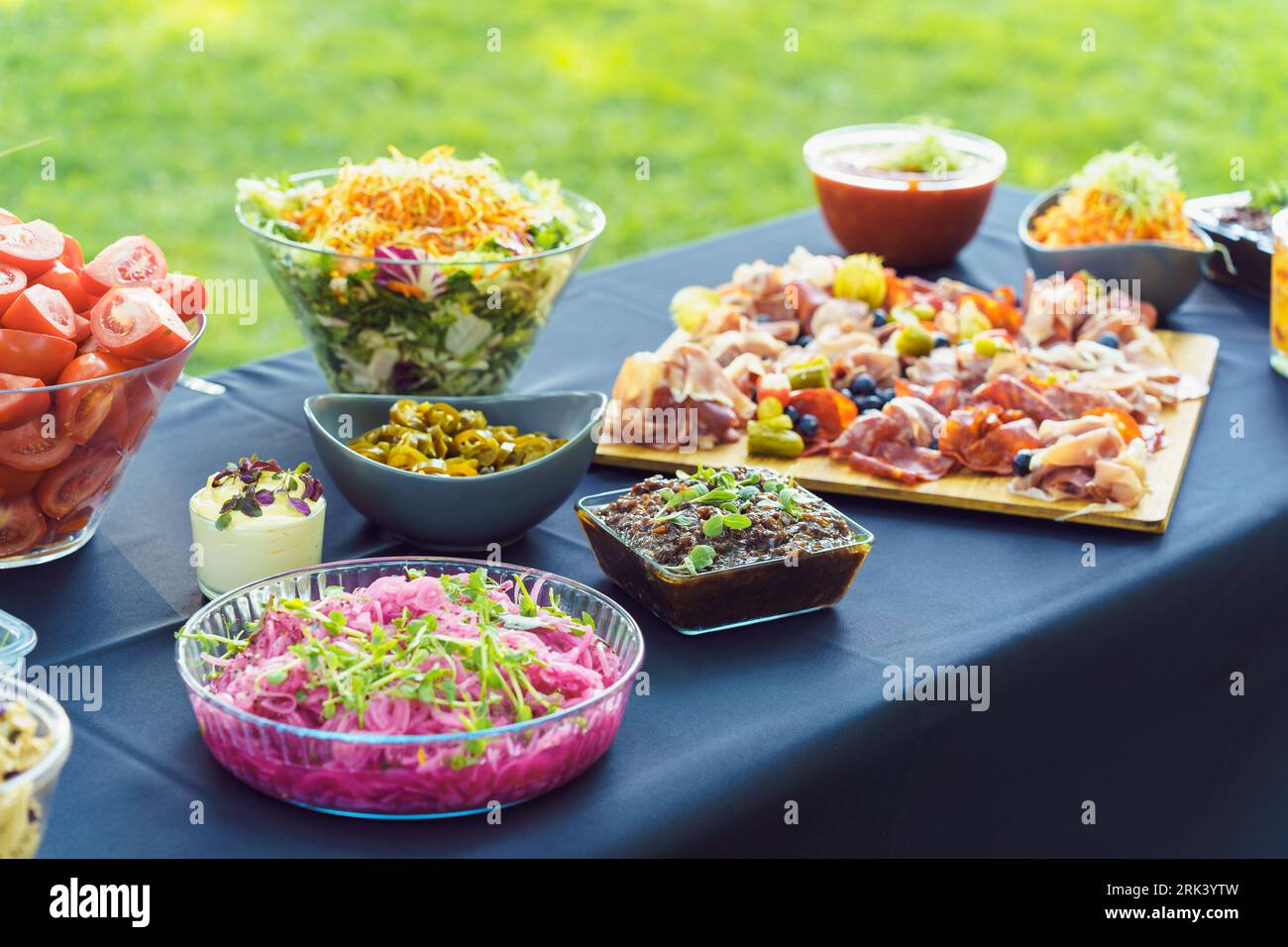 A table is set with delicious snacks prepared for a buffet in the garden. A board with charcuterie, fresh vegetables, vegetable salads, salsa Stock Photo